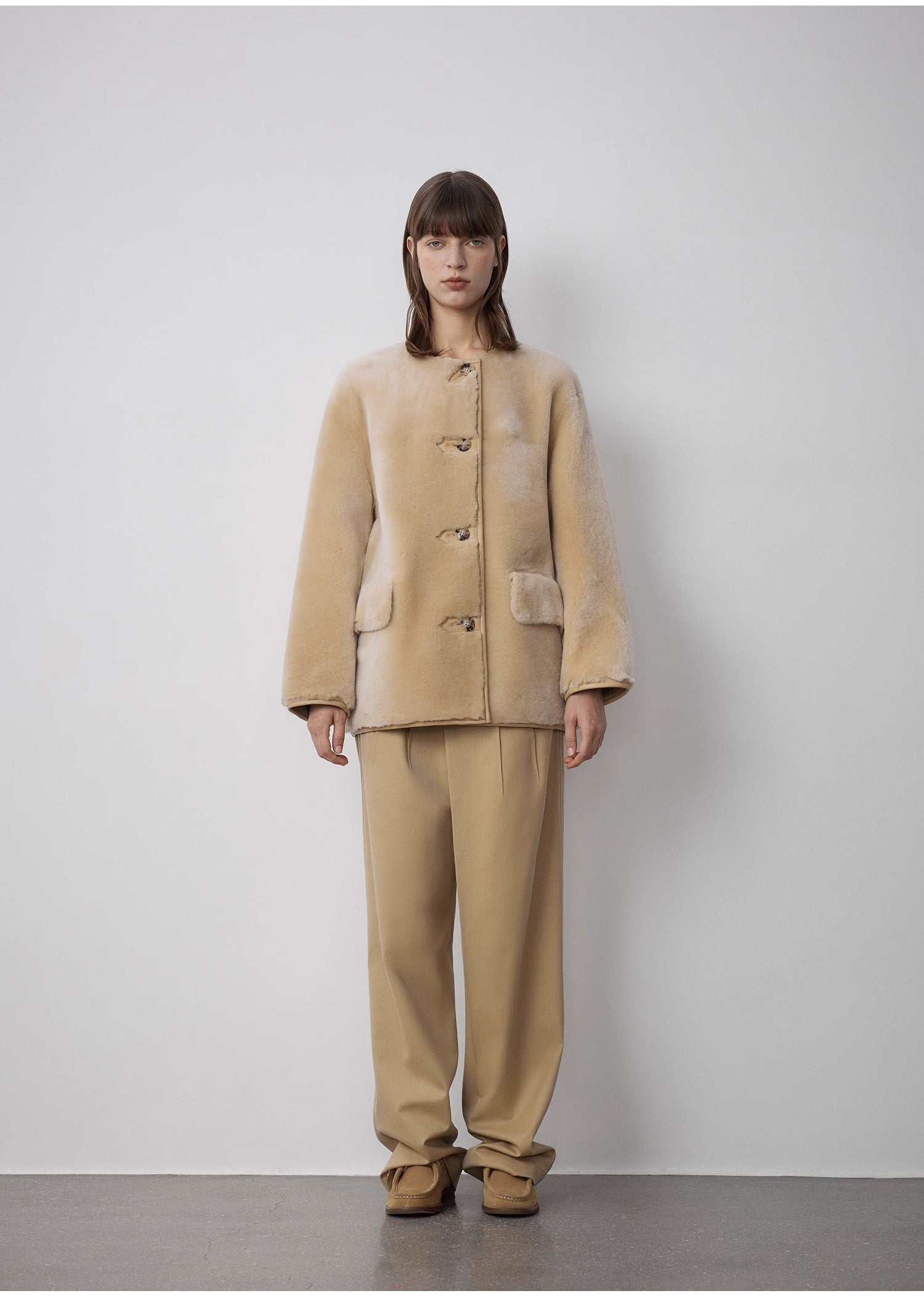 "Retro Time" Merino women's winter short round neck sheepskin jacket-4