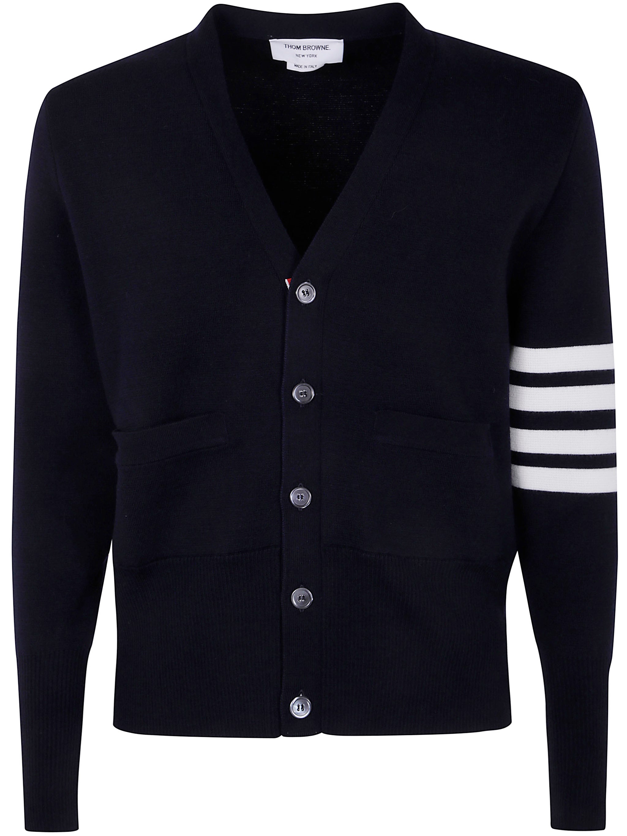 Thom Browne Men Milano Stitch V Neck Cardigan With 4 Bar In Fine Merino Wool