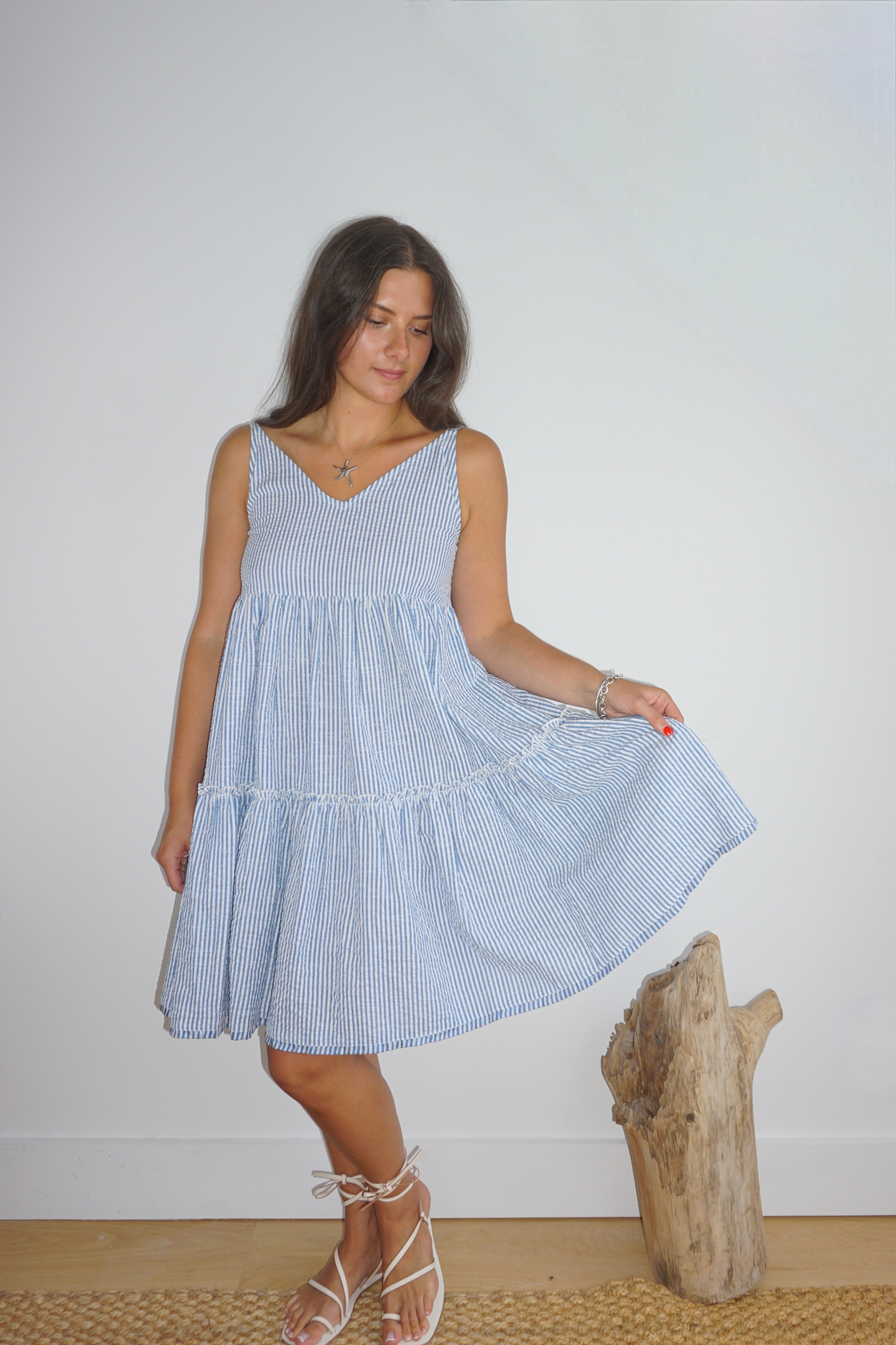 Dolly Tiered Mini Dress in Seersucker