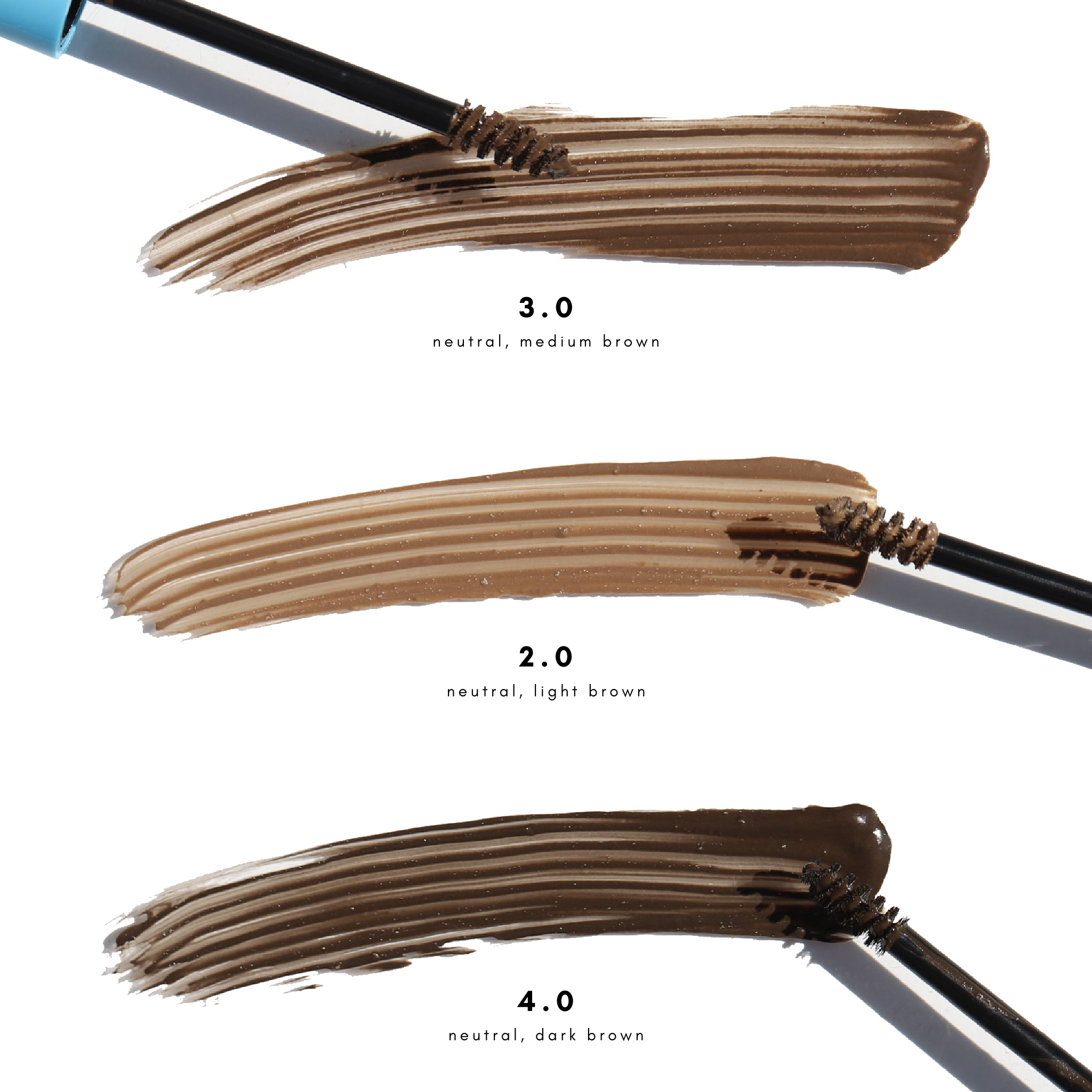 Three swatches of Get-Fluffed Brow Gel showing shades 3.0 (neutral medium brown), 2.0 (neutral light brown), and 4.0 (neutral dark brown), each with a mini spoolie brush.
