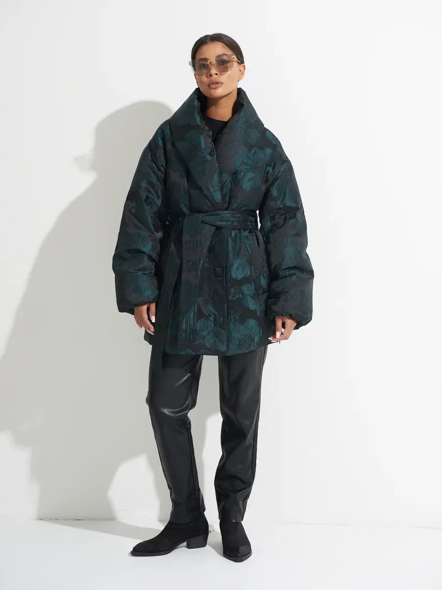 Monochrome Jacquard Down Coat in Vintage Emerald