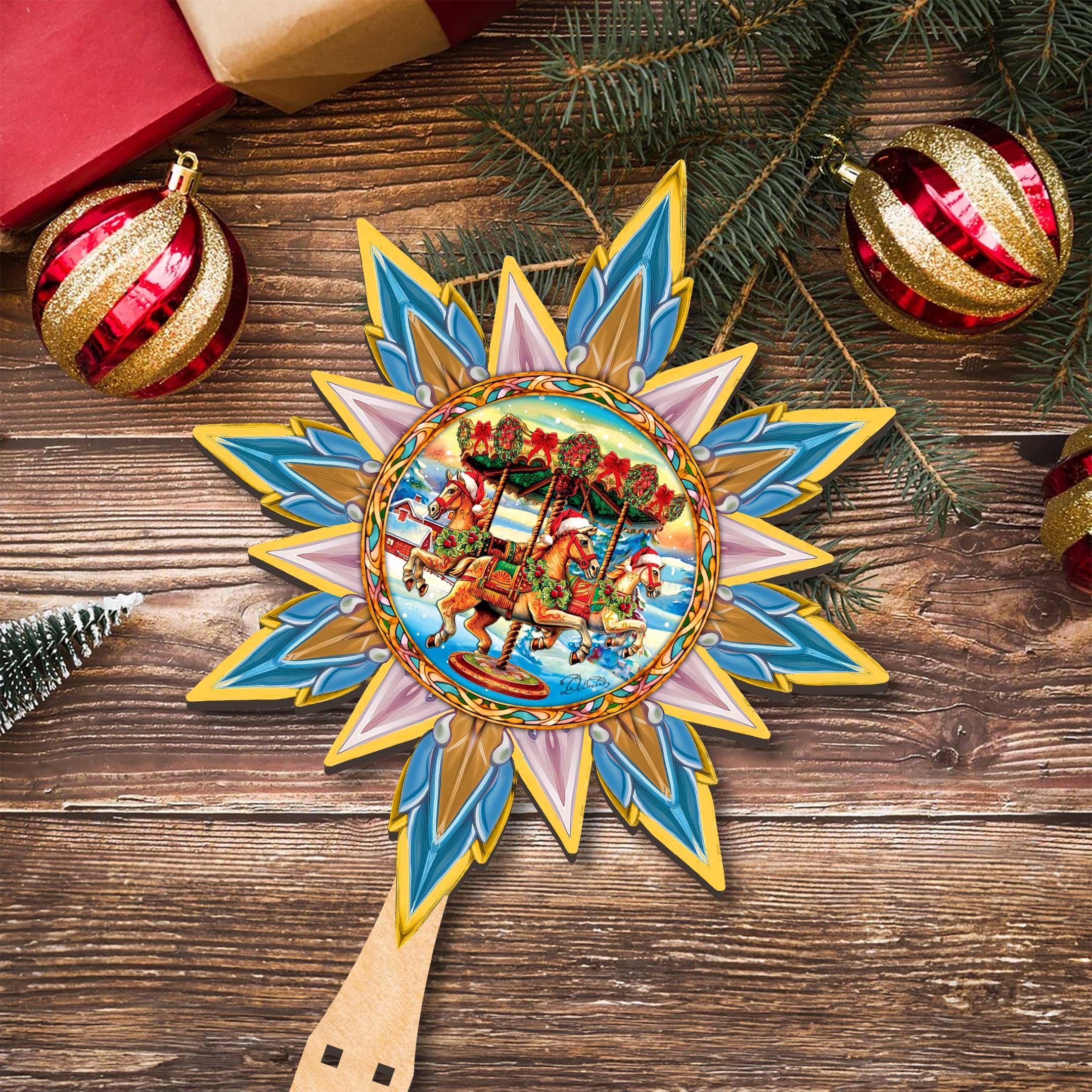 Christmas Carousel Star Tree Topper Wooden Decor by G. Debrekht - Carousel Holiday Decor - 89506