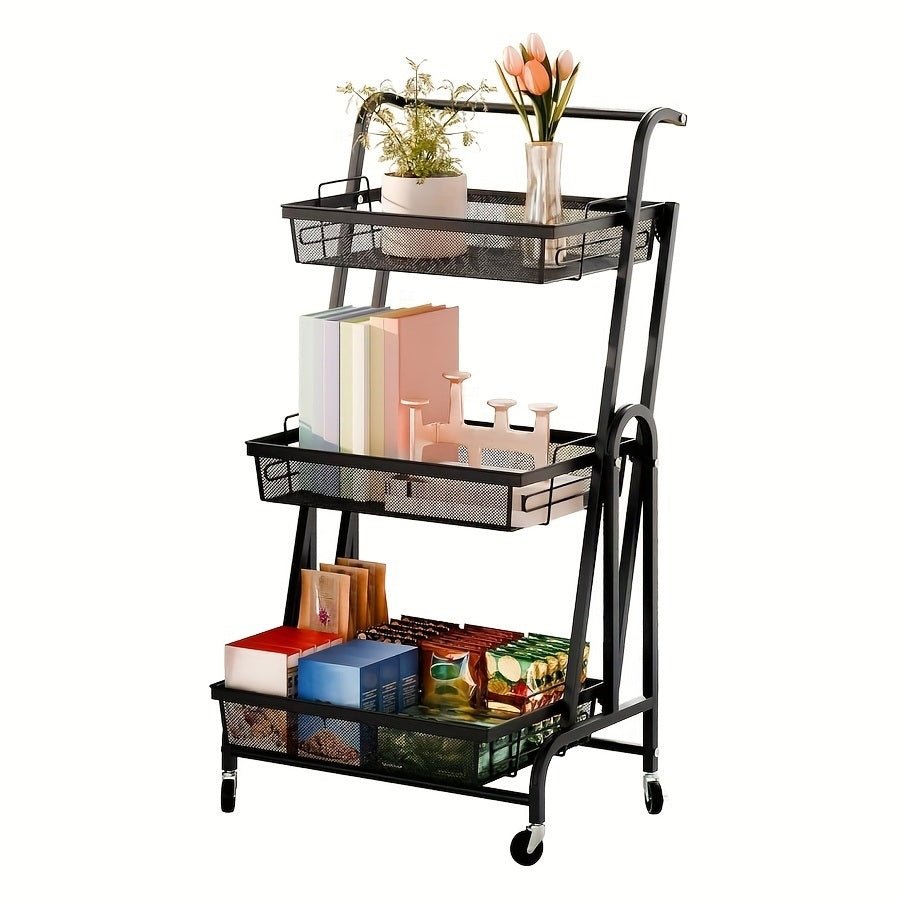 3-layer multi-functional iron durable foldable storage rack Home multi-layer storage rack Kitchen rotating storage rack Storage rack with wheels Practical storage rack