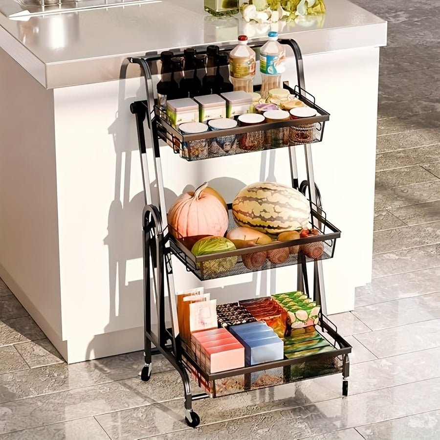 3-layer multi-functional iron durable foldable storage rack Home multi-layer storage rack Kitchen rotating storage rack Storage rack with wheels Practical storage rack