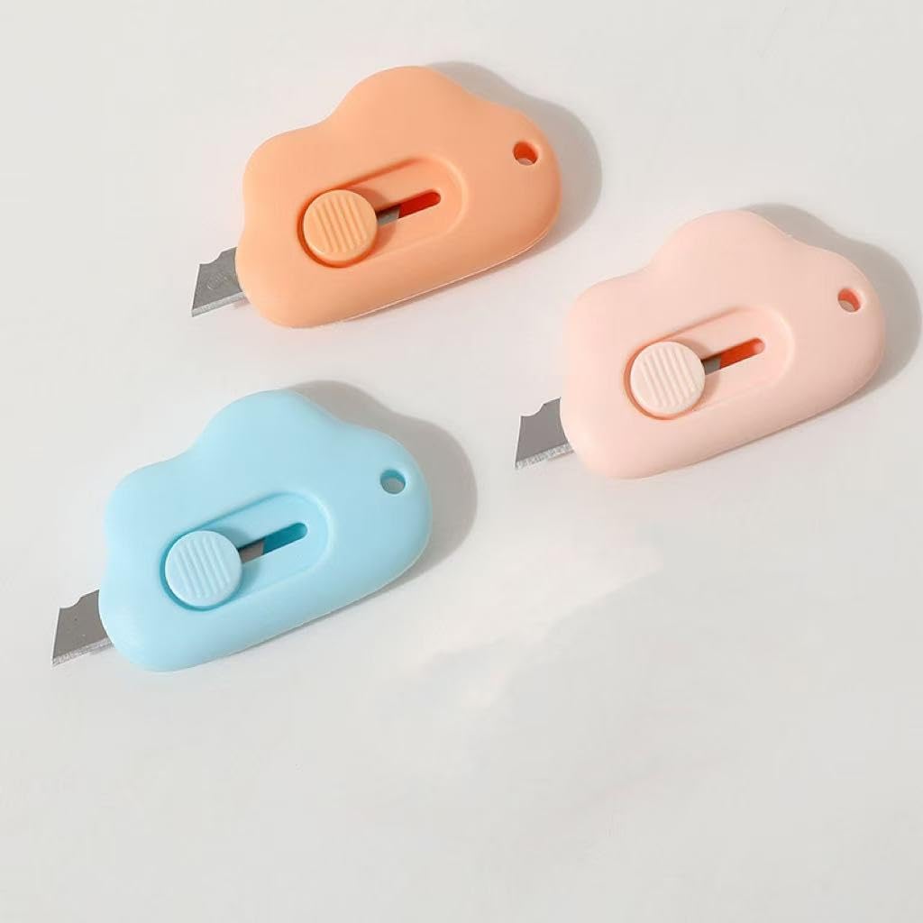 3 - Pack Cloud - Shaped Box Cutters, Retractable Letter Opener for Keychain, Pocket & Envelope, Adorable Tiny Paper Cutter for Girls & Boys (Bule+Pink+Orenge)