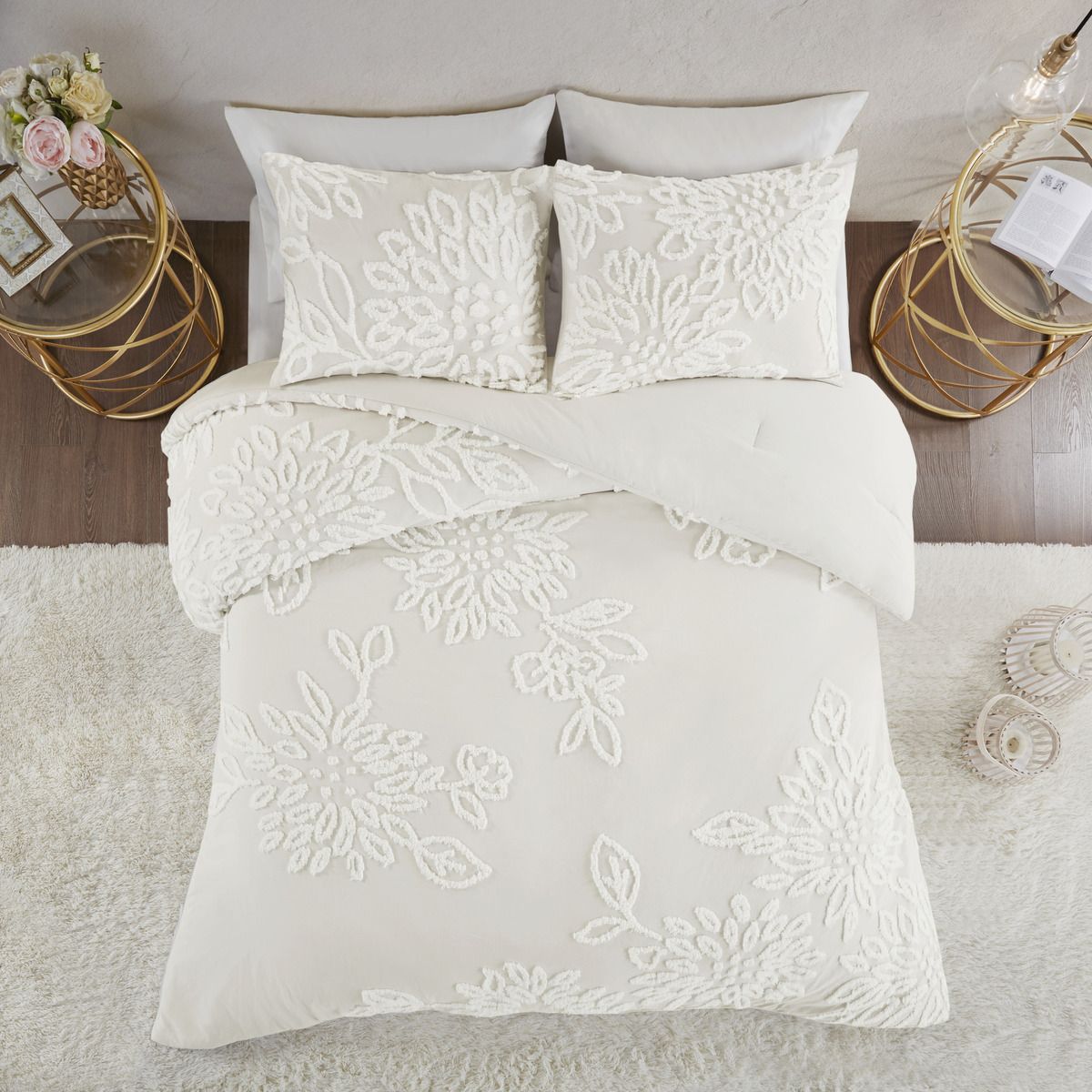 3 Piece Tufted Cotton Chenille Floral Comforter Set
