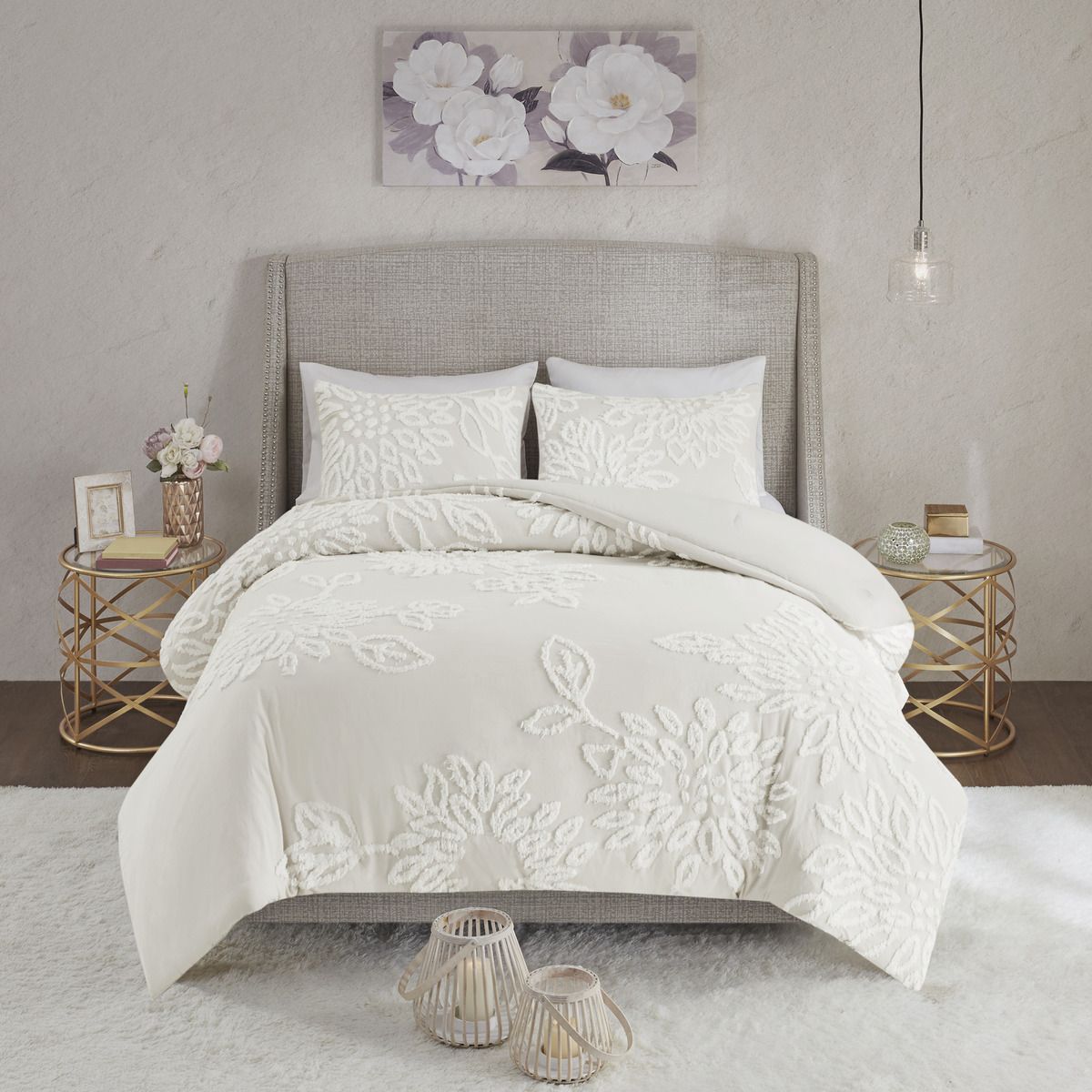 3 Piece Tufted Cotton Chenille Floral Comforter Set
