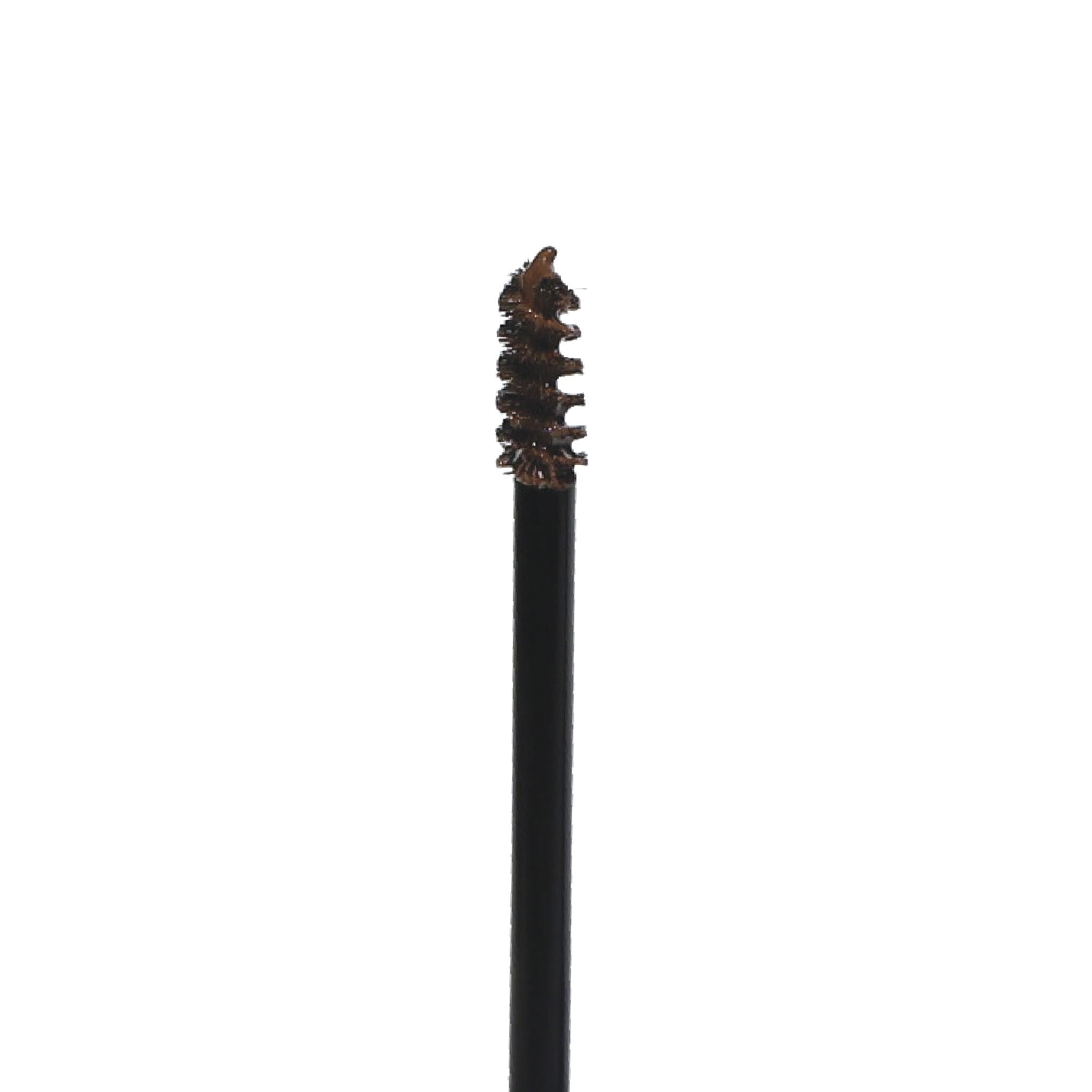 Close-up of the Get-Fluffed Brow Gel mini spoolie brush coated with brown brow gel.