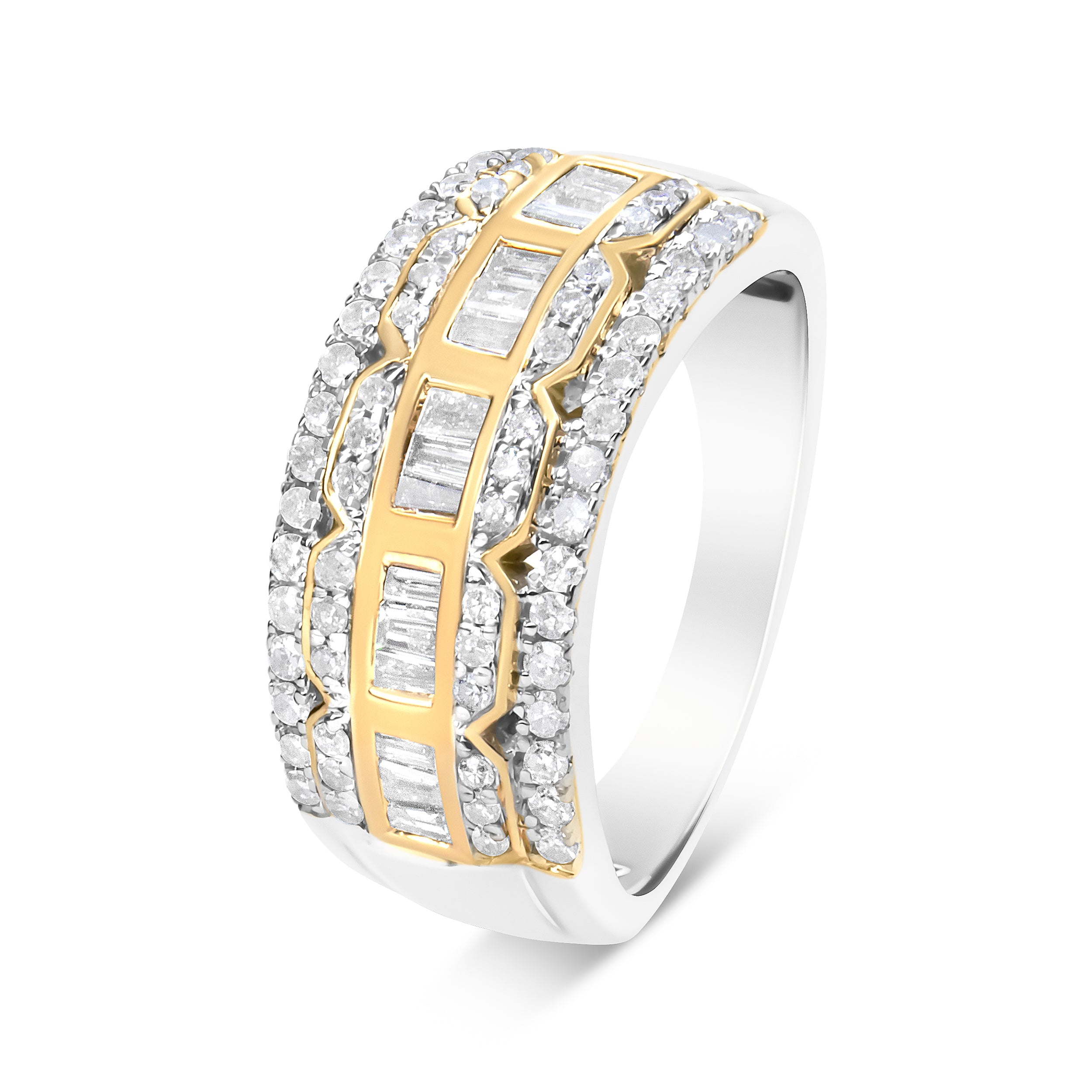10K White And Yellow Gold 1.00 Cttw Baguette And Round Cut Diamond Art Deco Multi-Row Ring Band (I-J Color, I1-I2 Clarity) - Ring Size 7