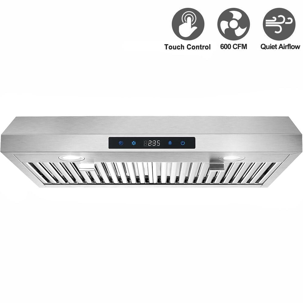 30 inch Kitchen Under Cabinet Range Hood 3-Speed 600CFM Vent w/LEDs Silver/Black