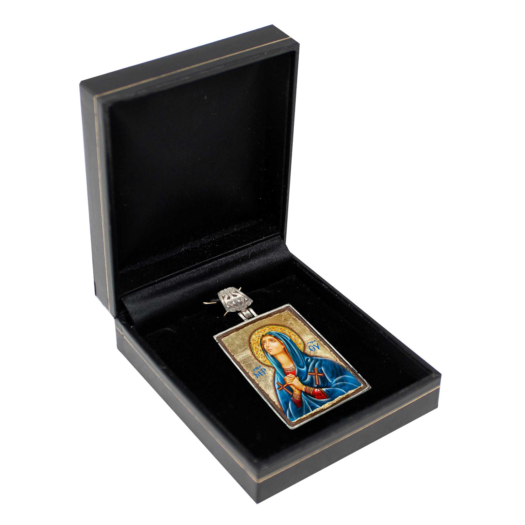 Mother of God Religious Jewelry Silver Plated Necklace, Gold-Plated Wooden Cabochon - Christian Sacred Icon - Inspirational Icon Decor - 43014R