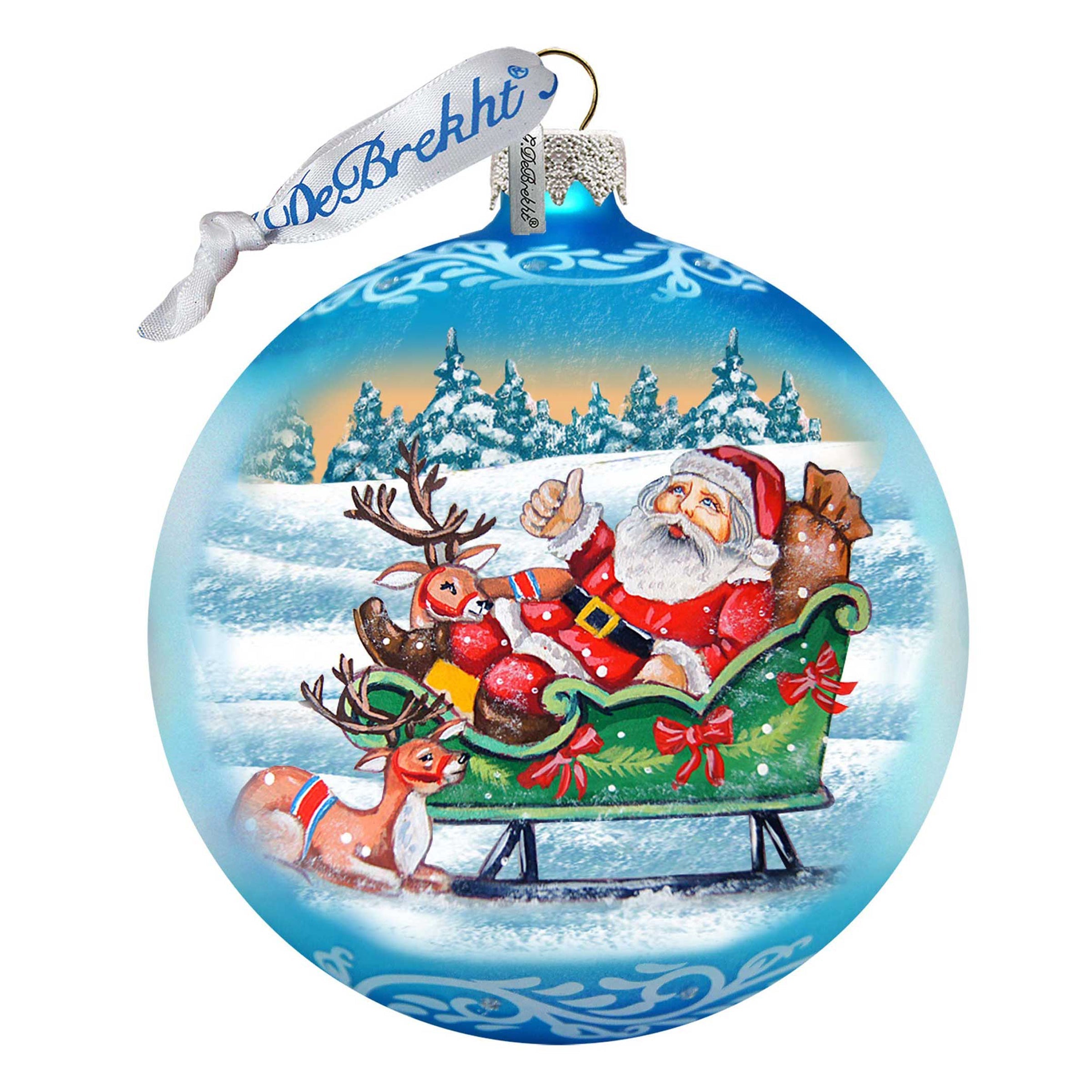 Reindeers Ride Santa Glass Ornament by G. DeBrekht - Christmas Santa Snowman Decor - 73363