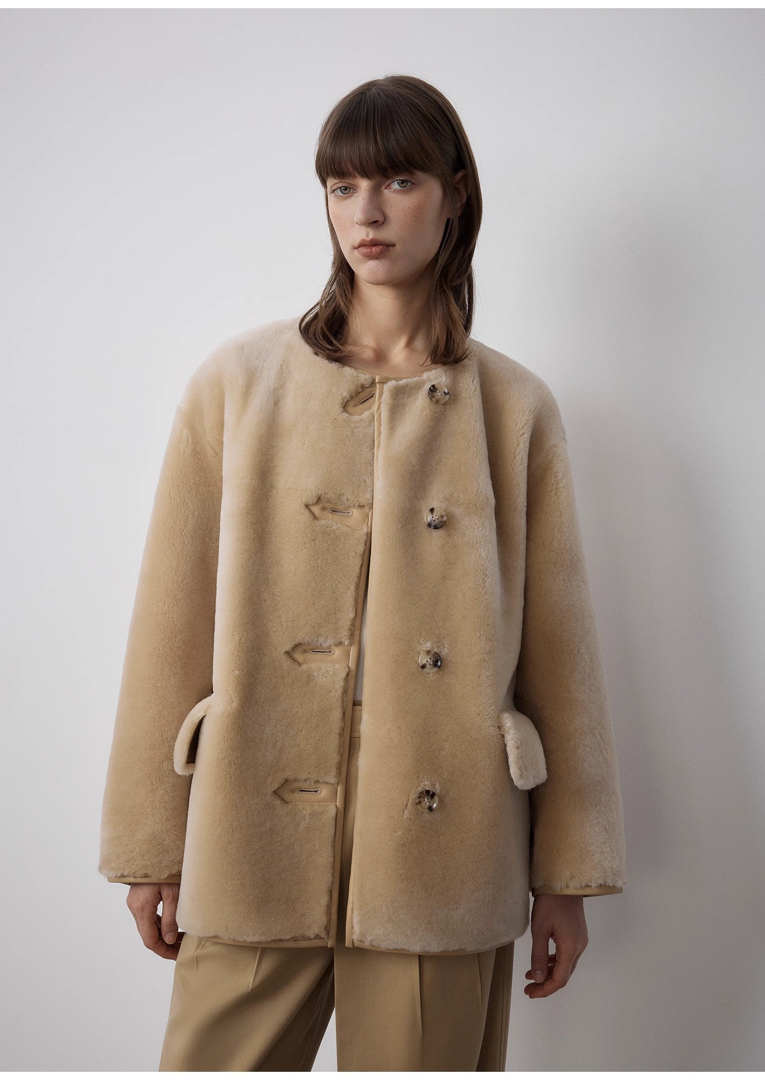 "Retro Time" Merino women's winter short round neck sheepskin jacket-0