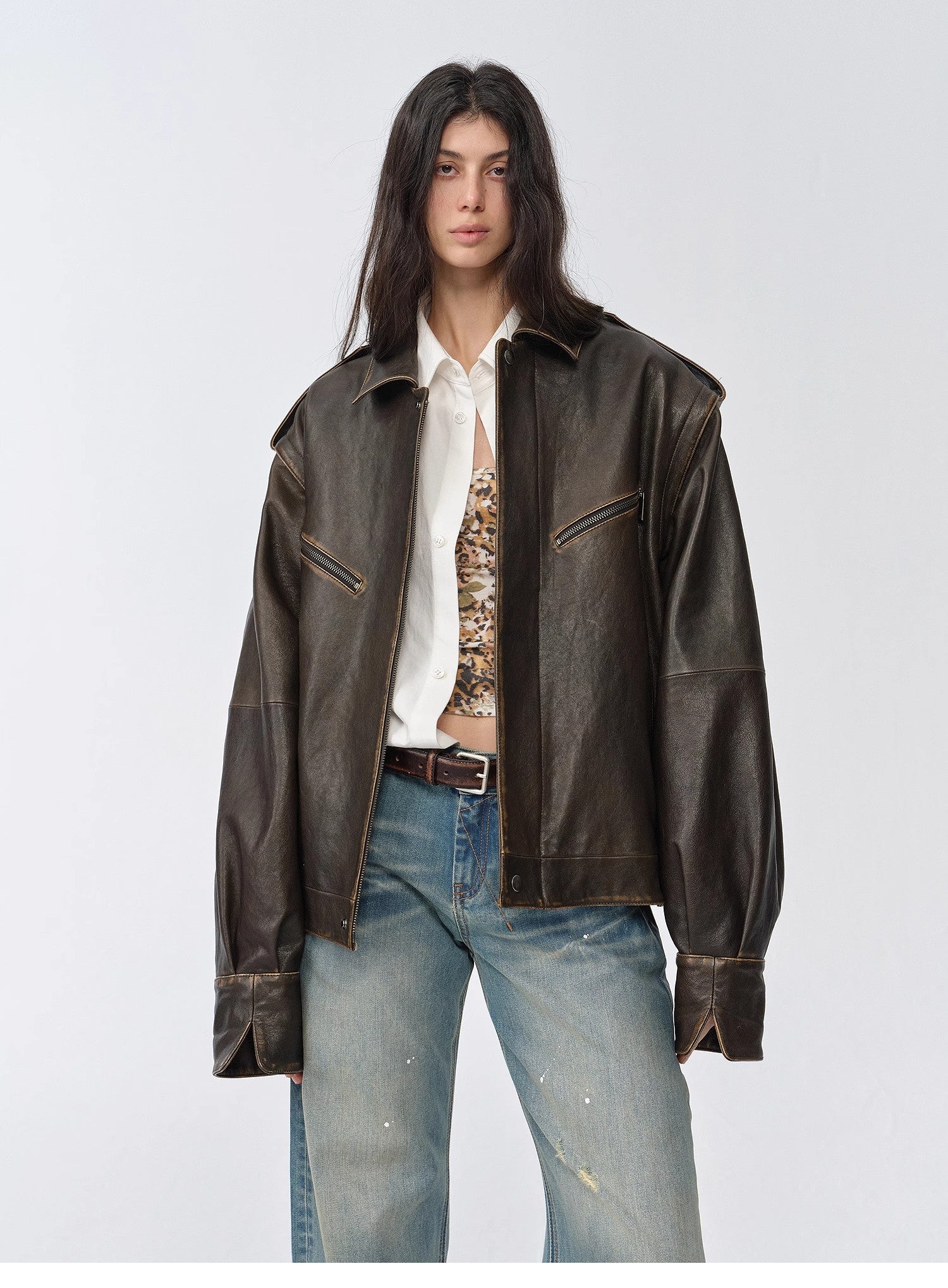 "Barn Feelings" Vintage distressed vegetable tanned sheepskin sleeves removable two-way genuine leather jacket-1