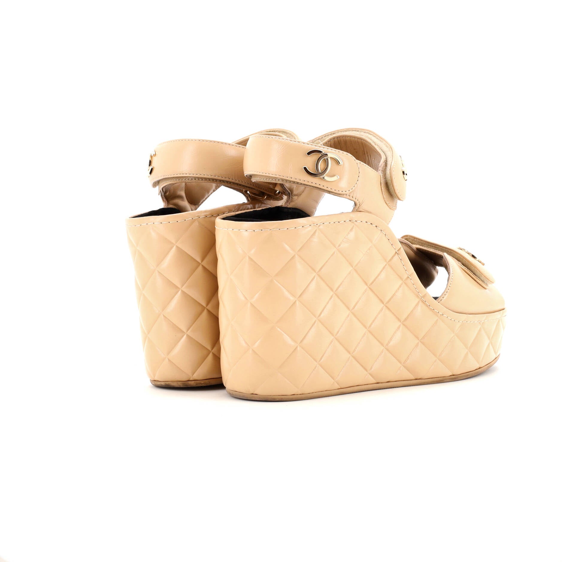 Chanel Women's Logo Velcro Strap Wedge Sandals Quilted Leather