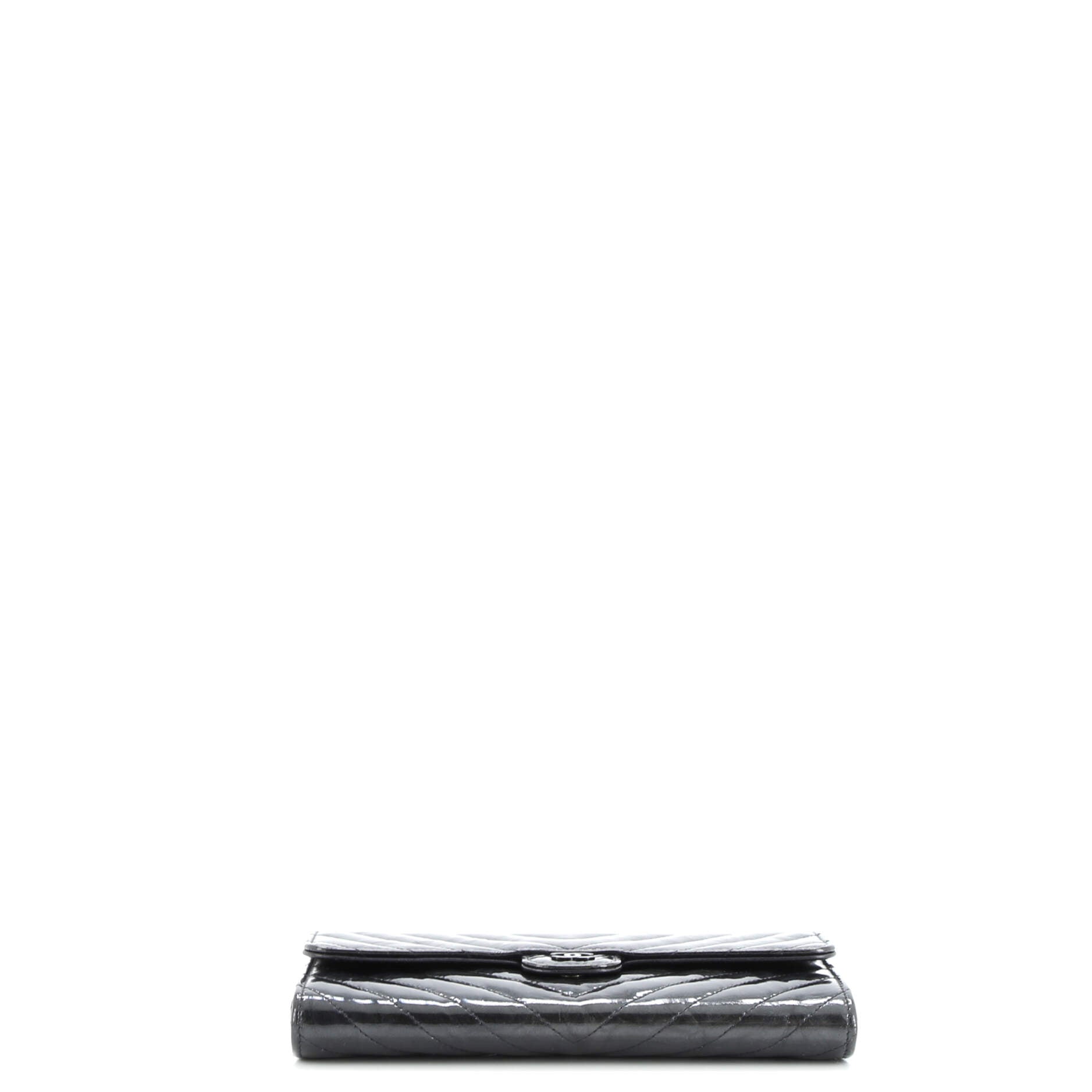 Chanel So Black CC Gusset Classic Flap Wallet Chevron Crumpled Metallic Patent Long
