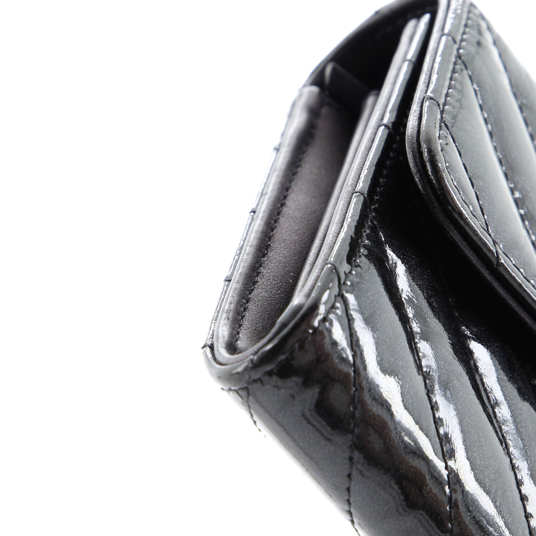 Chanel So Black CC Gusset Classic Flap Wallet Chevron Crumpled Metallic Patent Long