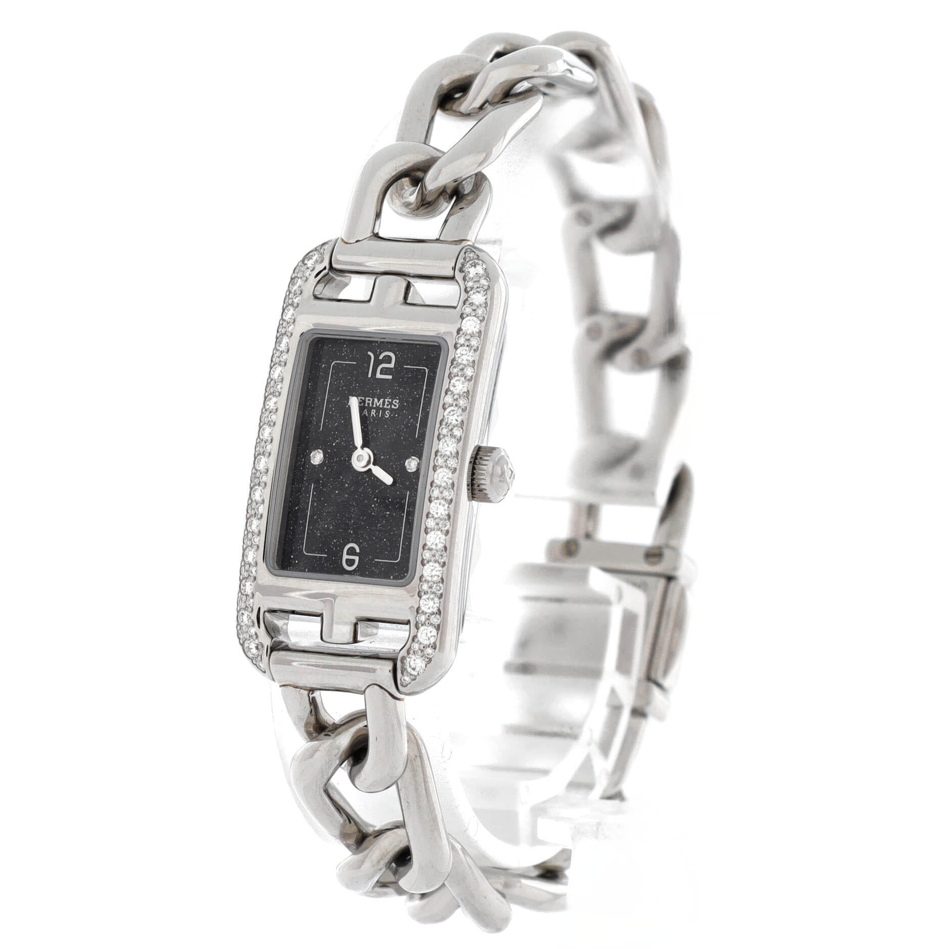 Hermes Nantucket Quartz Watch Stainless Steel with Aventurine Dial and Diamond Bezel and Markers 17