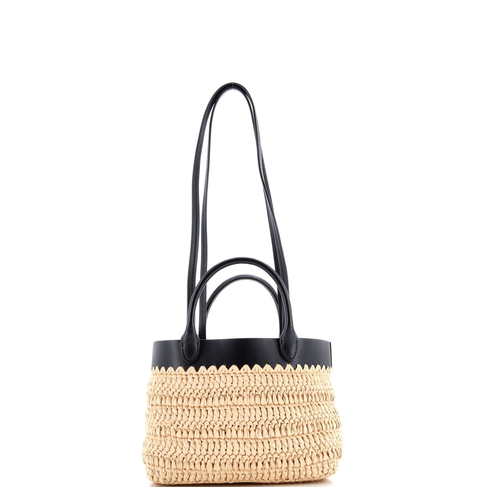 Prada Double Handle Shopper Tote Woven Raffia with Leather Mini