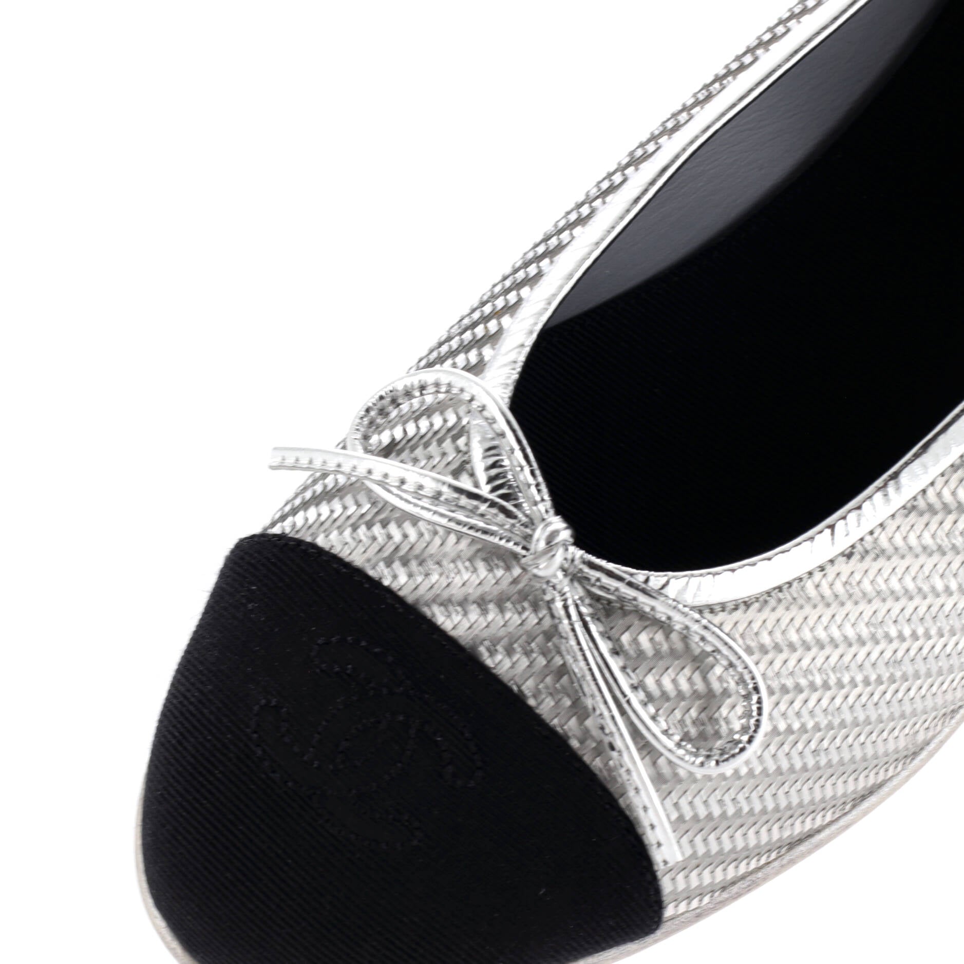Chanel Women's CC Cap Toe Bow Ballerina Flats Woven Fabric with Grosgrain