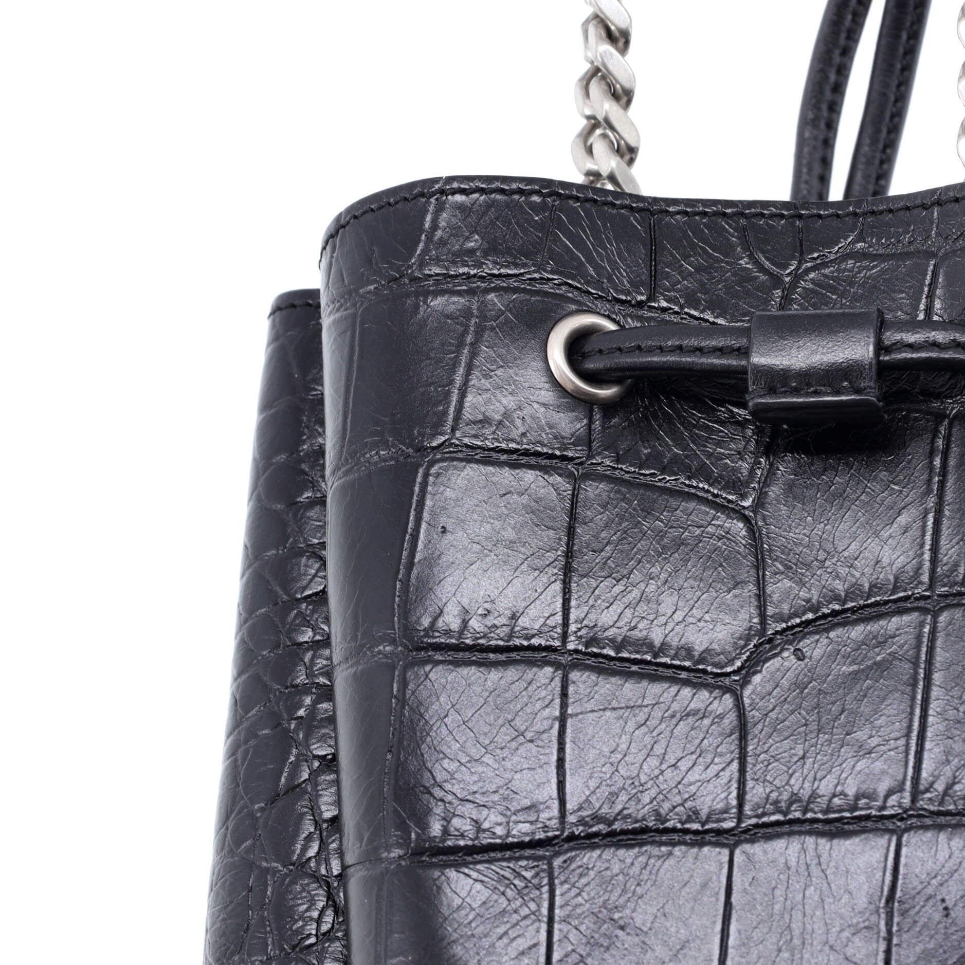Saint Laurent Monogram Bucket Bag Crocodile Embossed Leather Mini