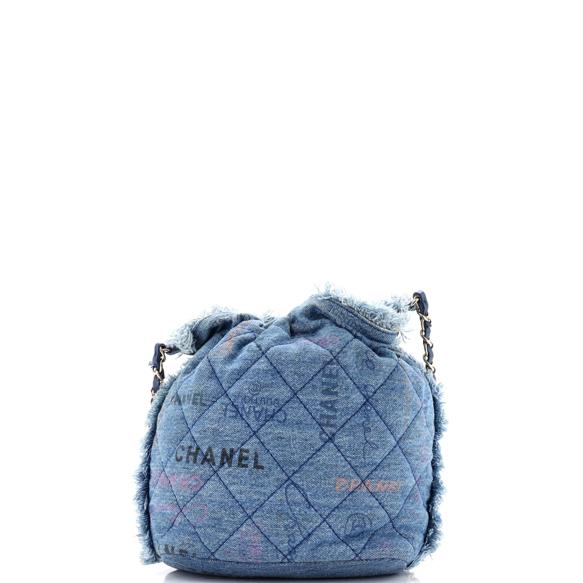 Chanel Denim Mood Chain Bucket Bag Logo Printed Quilted Fringe Denim Medium