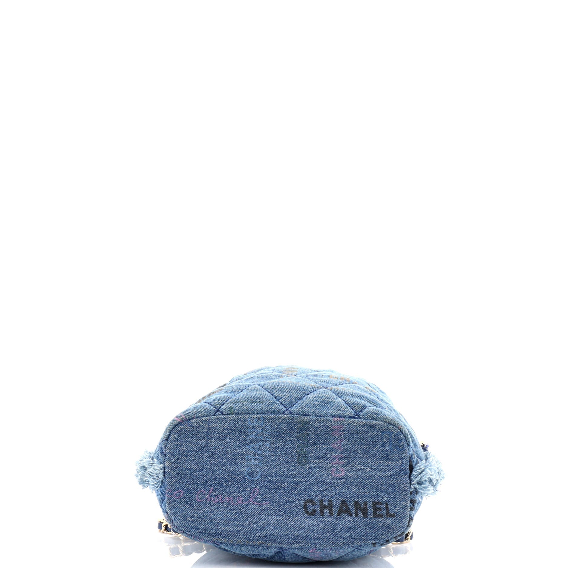 Chanel Denim Mood Chain Bucket Bag Logo Printed Quilted Fringe Denim Medium