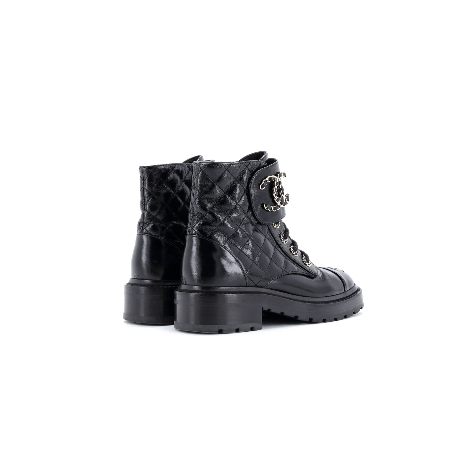 Chanel Women's Chain CC Cap Toe Lace Up Combat Boots Quilted Shiny Calfskin