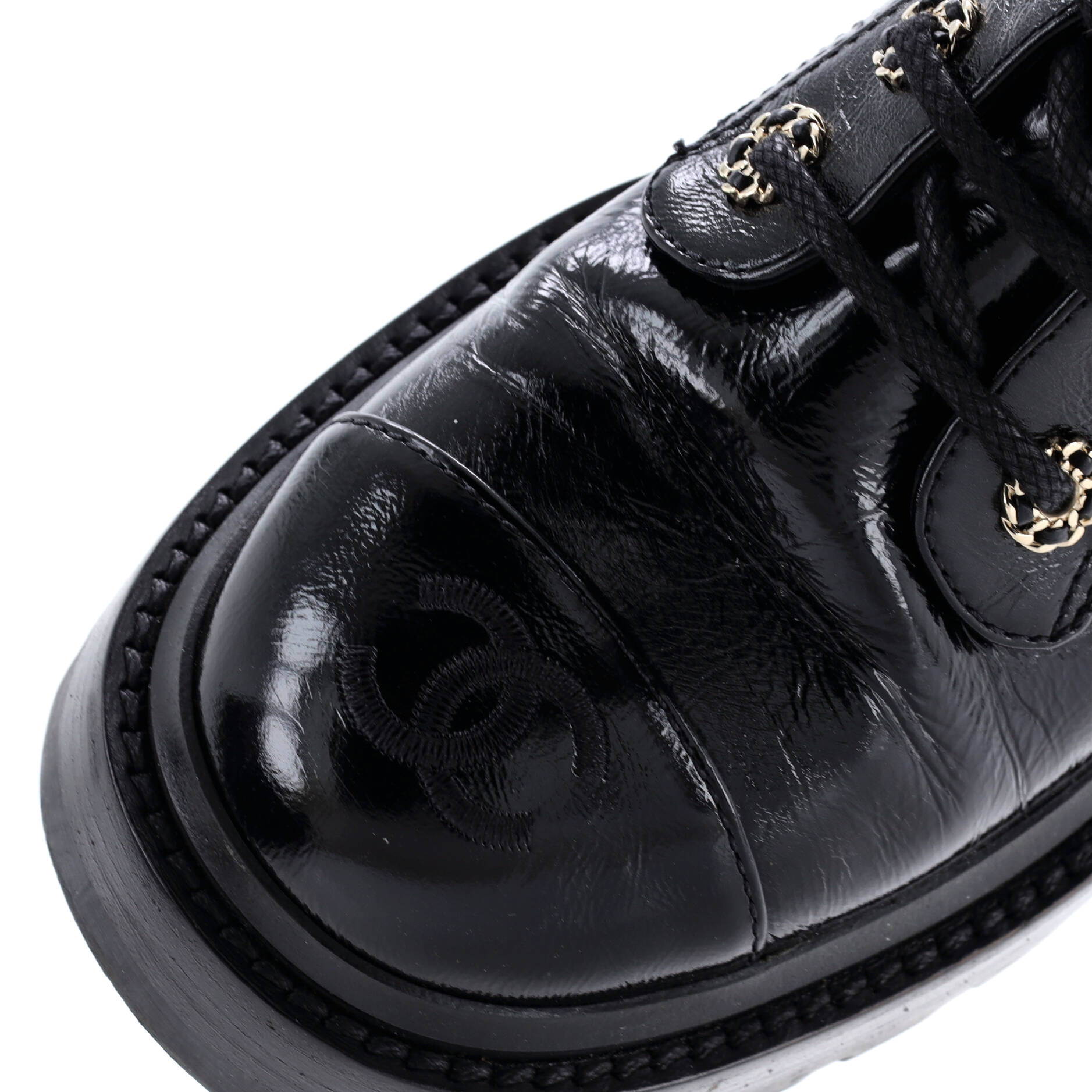 Chanel Women's Chain CC Cap Toe Lace Up Combat Boots Quilted Shiny Calfskin