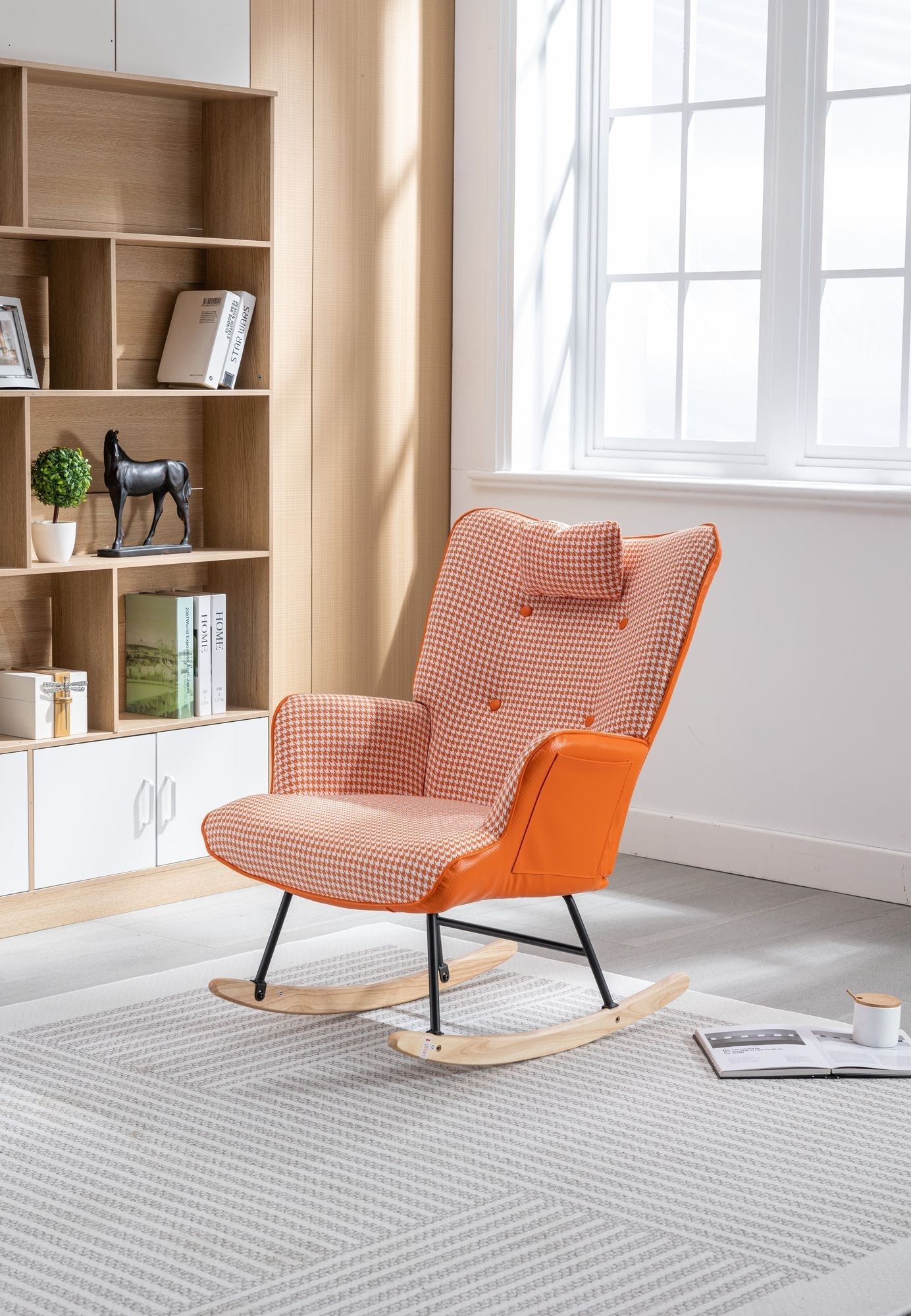 35.5 inch Rocking Chair, Soft Houndstooth Fabric Leather Fabric Rocking Chair for Nursery, Comfy Wingback Glider Rocker with Safe Solid Wood Base for Living Room Bedroom Balcony