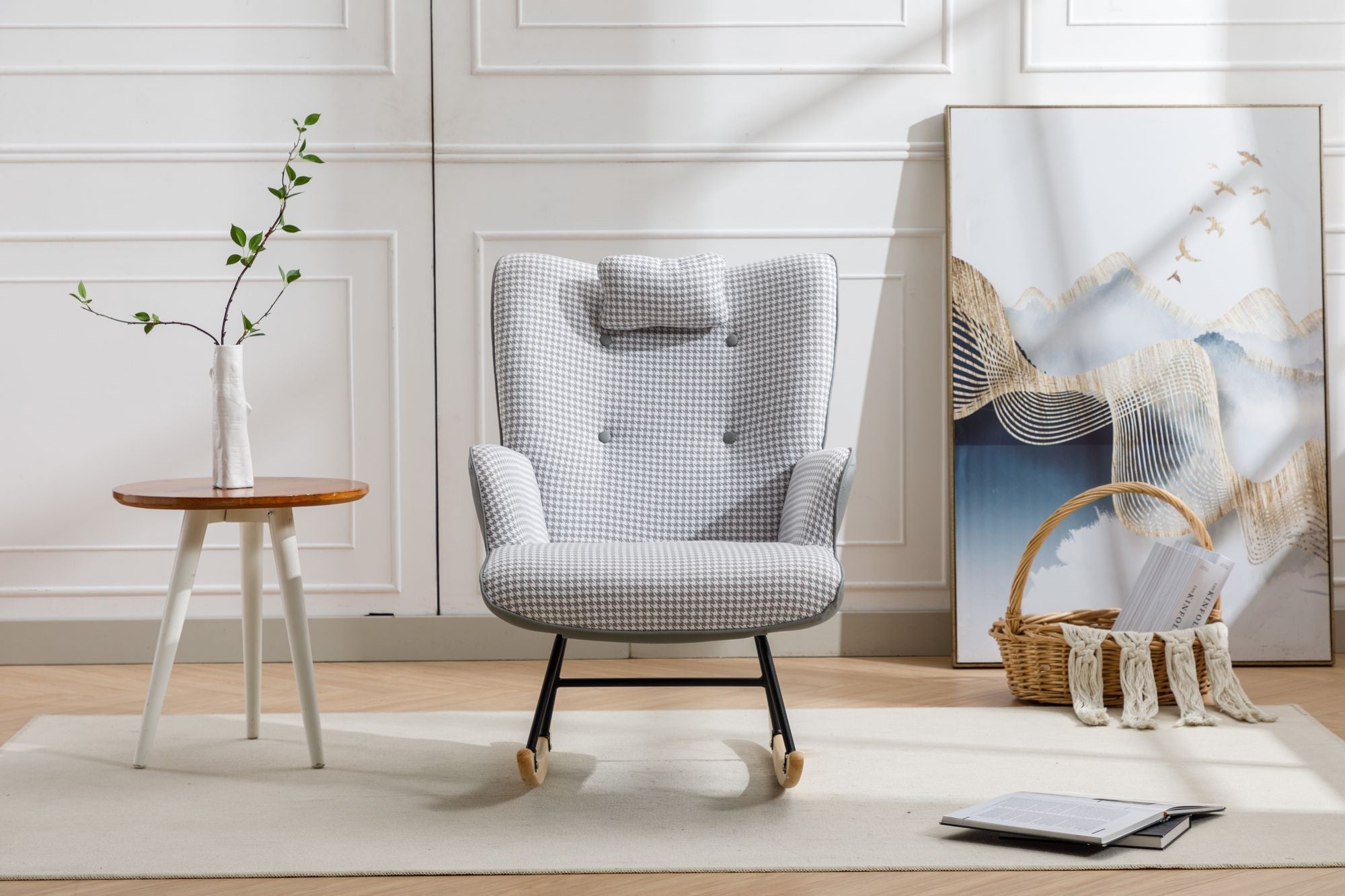 35.5 inch Rocking Chair, Soft Houndstooth Fabric Leather Fabric Rocking Chair for Nursery, Comfy Wingback Glider Rocker with Safe Solid Wood Base for Living Room Bedroom Balcony