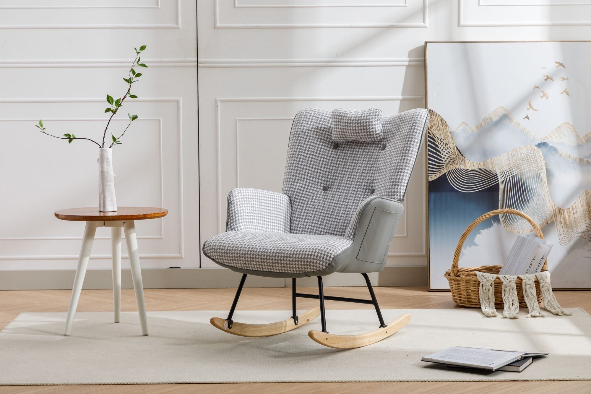 35.5 inch Rocking Chair, Soft Houndstooth Fabric Leather Fabric Rocking Chair for Nursery, Comfy Wingback Glider Rocker with Safe Solid Wood Base for Living Room Bedroom Balcony