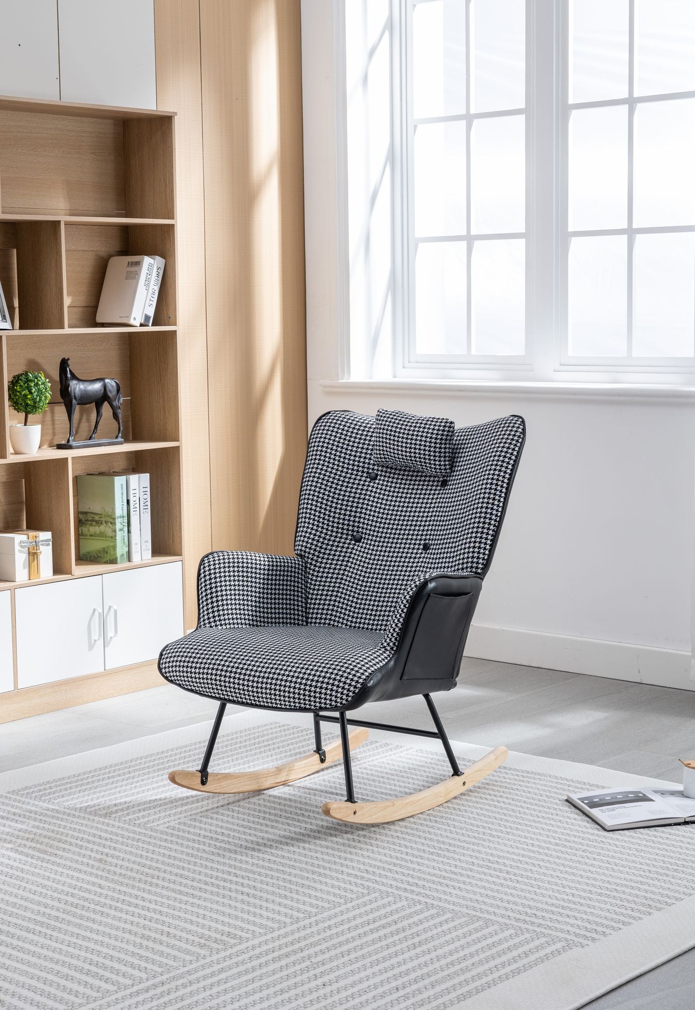 35.5 inch Rocking Chair, Soft Houndstooth Fabric Leather Fabric Rocking Chair for Nursery, Comfy Wingback Glider Rocker with Safe Solid Wood Base for Living Room Bedroom Balcony