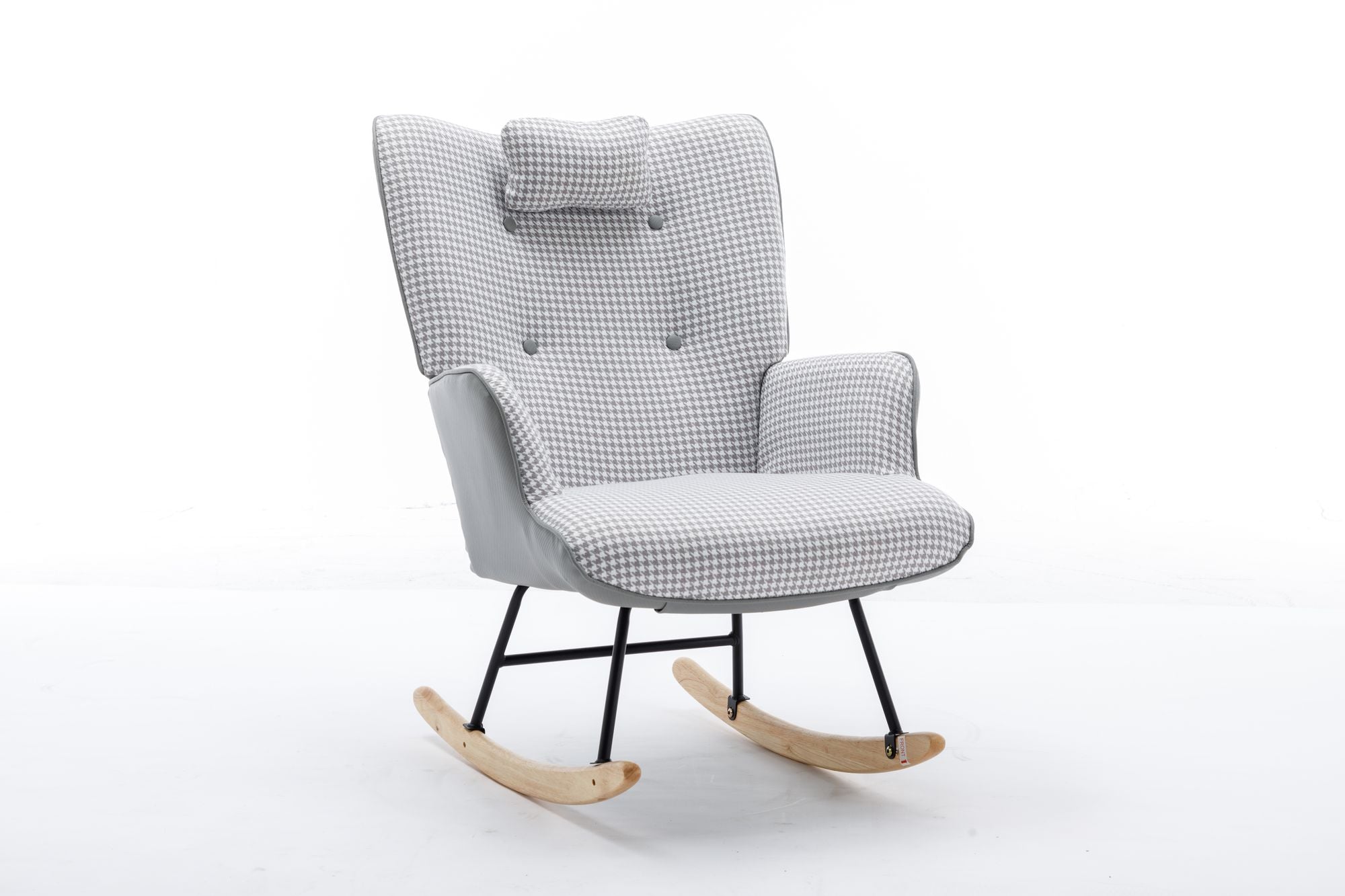 35.5 inch Rocking Chair, Soft Houndstooth Fabric Leather Fabric Rocking Chair for Nursery, Comfy Wingback Glider Rocker with Safe Solid Wood Base for Living Room Bedroom Balcony