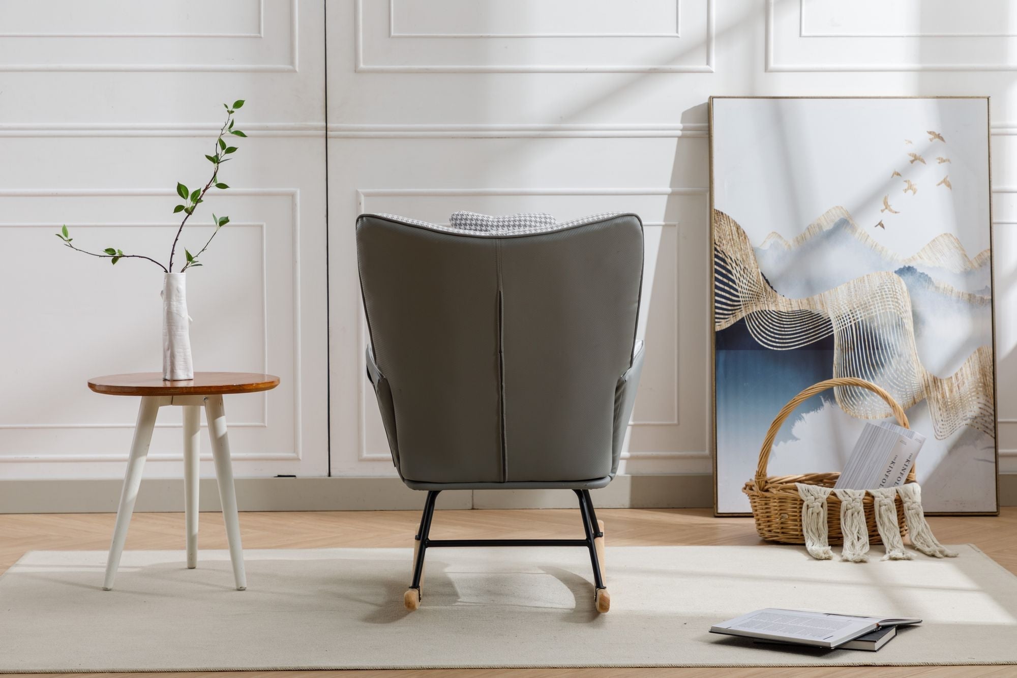 35.5 inch Rocking Chair, Soft Houndstooth Fabric Leather Fabric Rocking Chair for Nursery, Comfy Wingback Glider Rocker with Safe Solid Wood Base for Living Room Bedroom Balcony