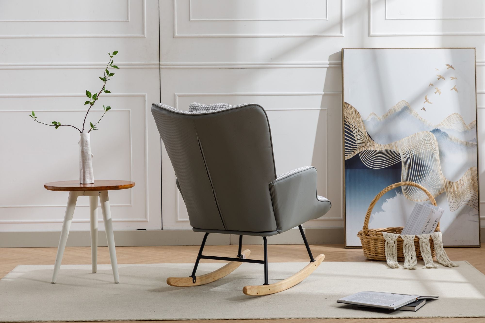 35.5 inch Rocking Chair, Soft Houndstooth Fabric Leather Fabric Rocking Chair for Nursery, Comfy Wingback Glider Rocker with Safe Solid Wood Base for Living Room Bedroom Balcony