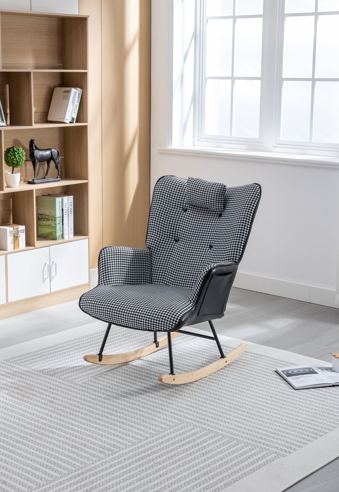 35.5 inch Rocking Chair, Soft Houndstooth Fabric Leather Fabric Rocking Chair for Nursery, Comfy Wingback Glider Rocker with Safe Solid Wood Base for Living Room Bedroom Balcony