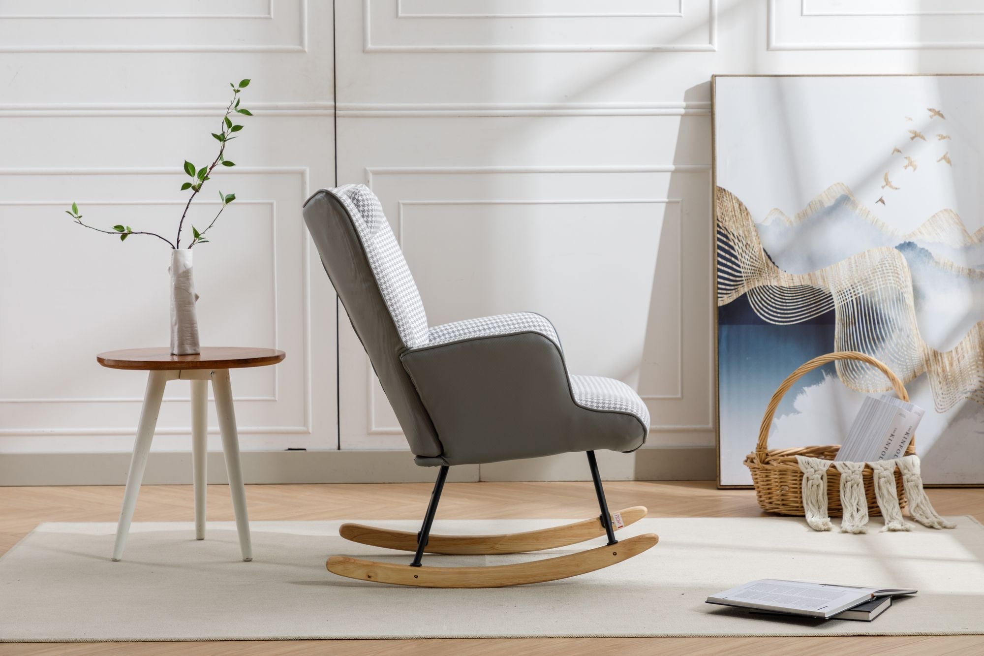 35.5 inch Rocking Chair, Soft Houndstooth Fabric Leather Fabric Rocking Chair for Nursery, Comfy Wingback Glider Rocker with Safe Solid Wood Base for Living Room Bedroom Balcony