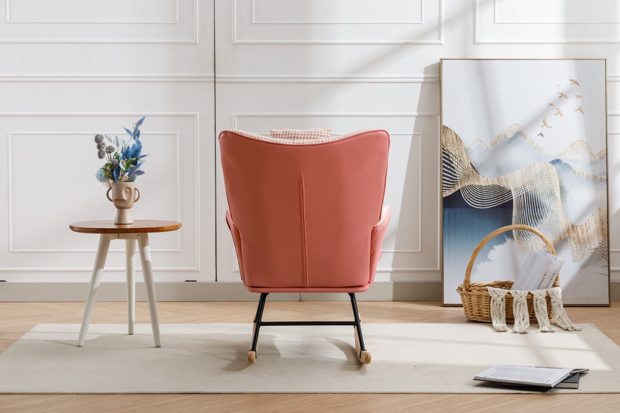 35.5 inch Rocking Chair, Soft Houndstooth Fabric Leather Fabric Rocking Chair for Nursery, Comfy Wingback Glider Rocker with Safe Solid Wood Base for Living Room Bedroom Balcony