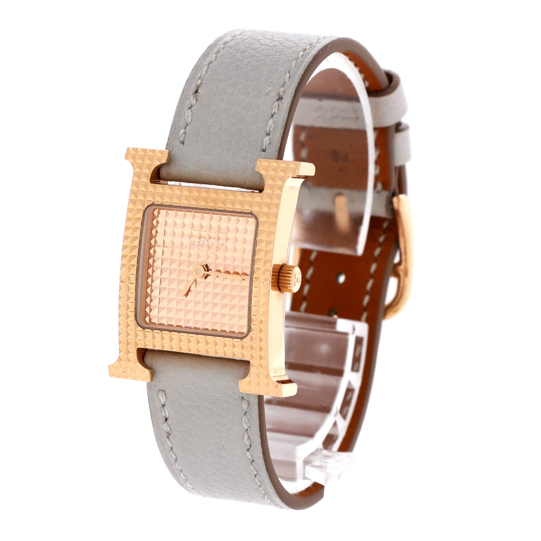 Hermes Heure H Quartz Watch Clous de Paris Hobnail Rose Gold and Leather 21
