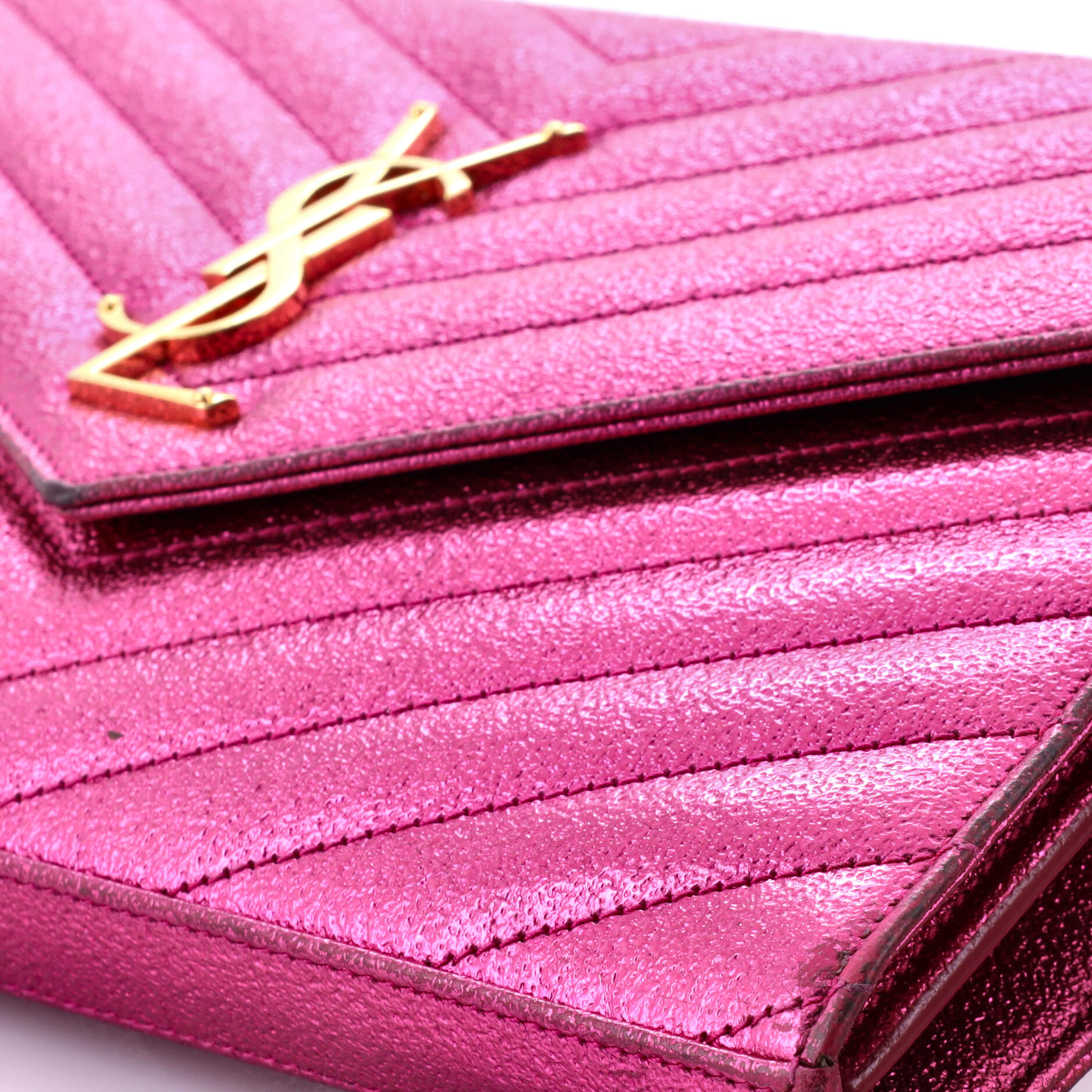 Saint Laurent Classic Monogram Wallet on Chain Matelasse Chevron Metallic Leather Medium