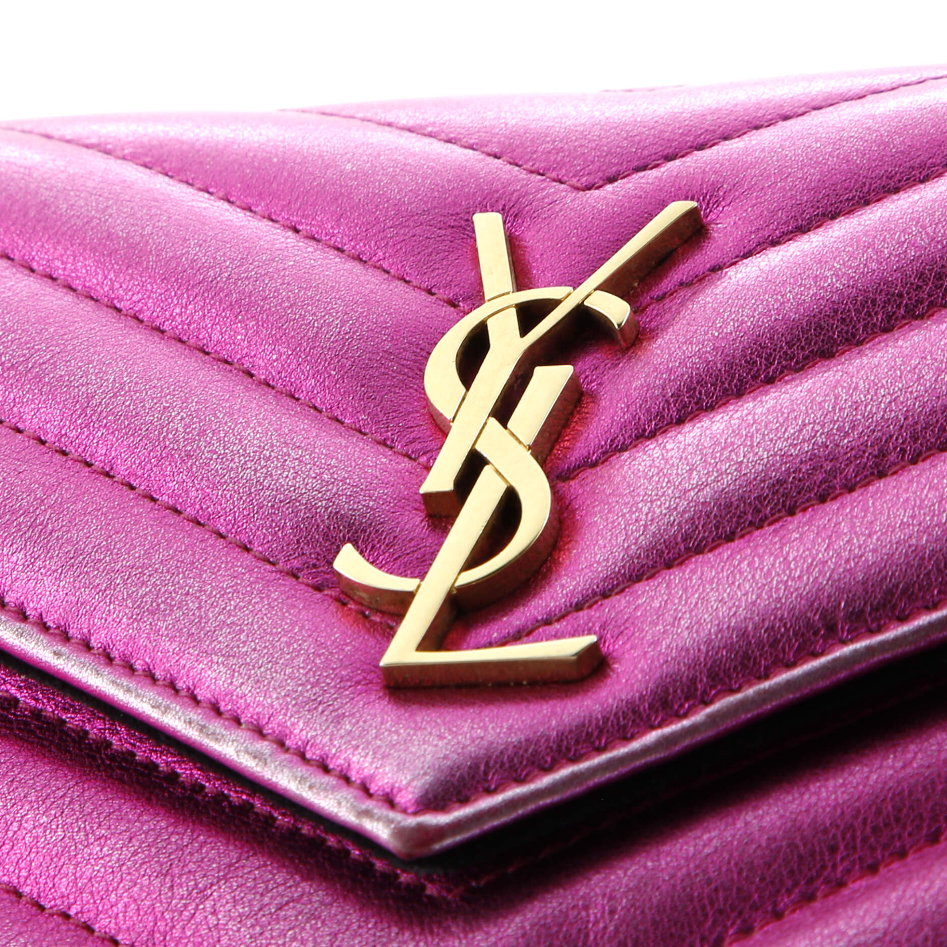 Saint Laurent Classic Monogram Wallet on Chain Matelasse Chevron Metallic Leather Small