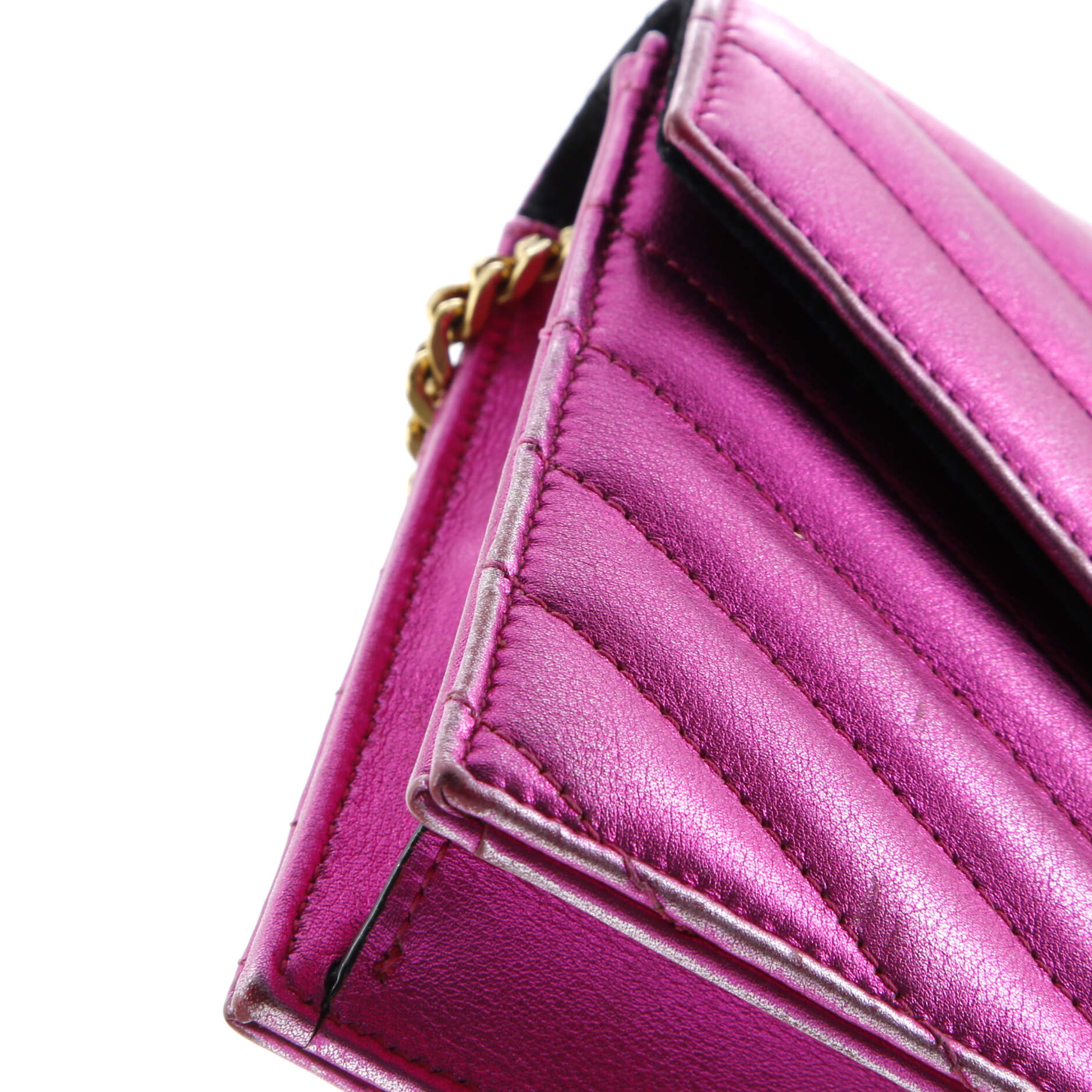 Saint Laurent Classic Monogram Wallet on Chain Matelasse Chevron Metallic Leather Small