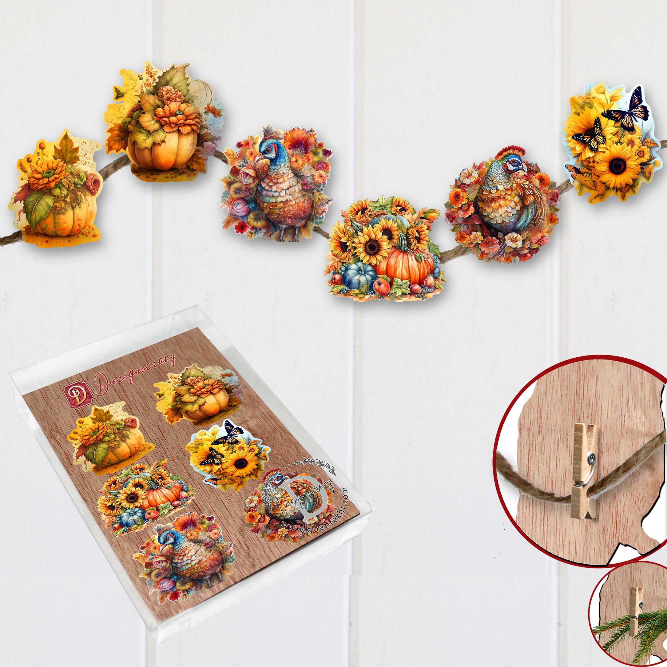 Happy Thanksgiving Decorative Wooden Clip-on Ornaments of 6 by G. Debrekht - Thanksgiving Decor - 8090018C-S6