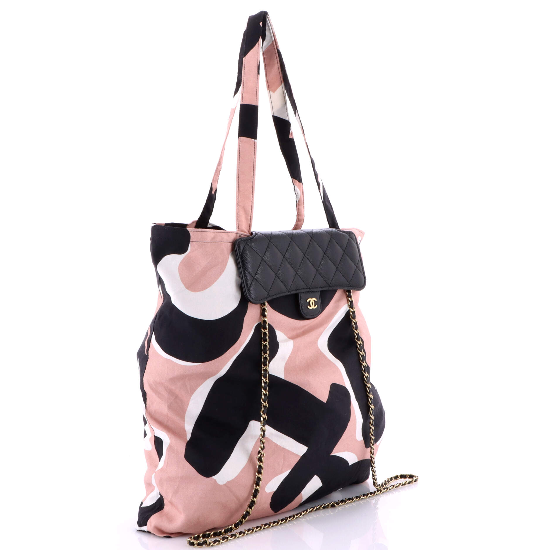 Chanel Foldable Tote Bag with Chain Quilted Caviar with Printed Nylon