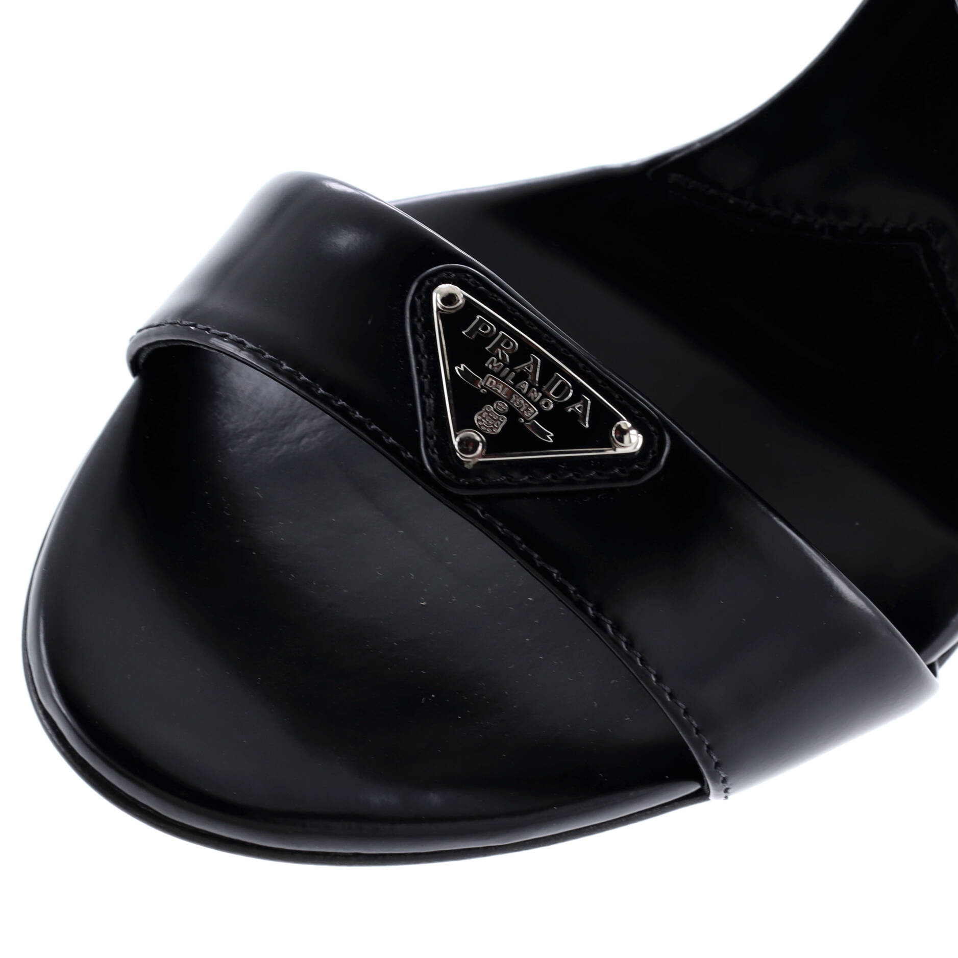 Prada Women's Triangle Logo Ankle Strap Heeled Sandals Leather