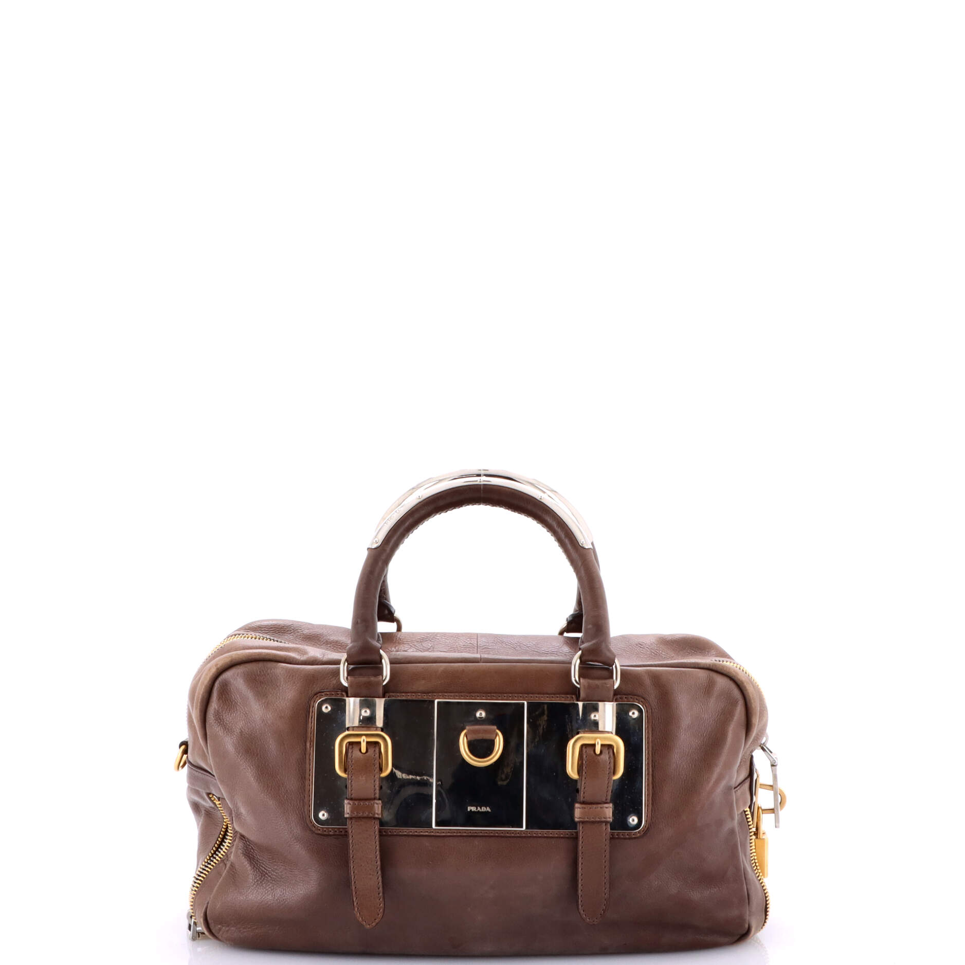 Prada Lock Plate Zippers Satchel Glace Calf Large