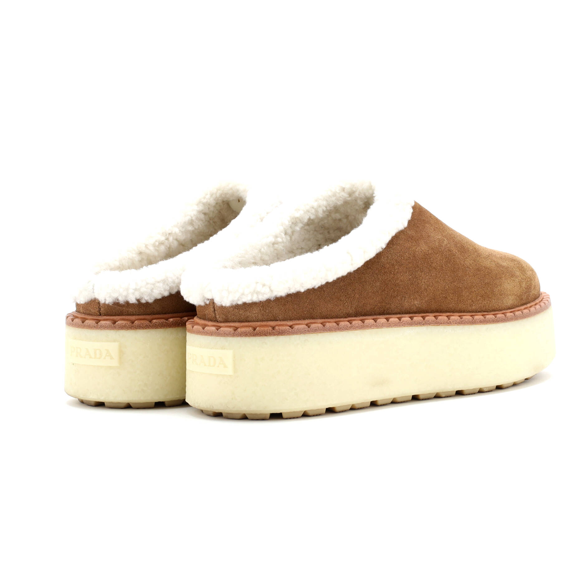 Prada Women's Triangle Logo Platform Mules Suede with Shearling