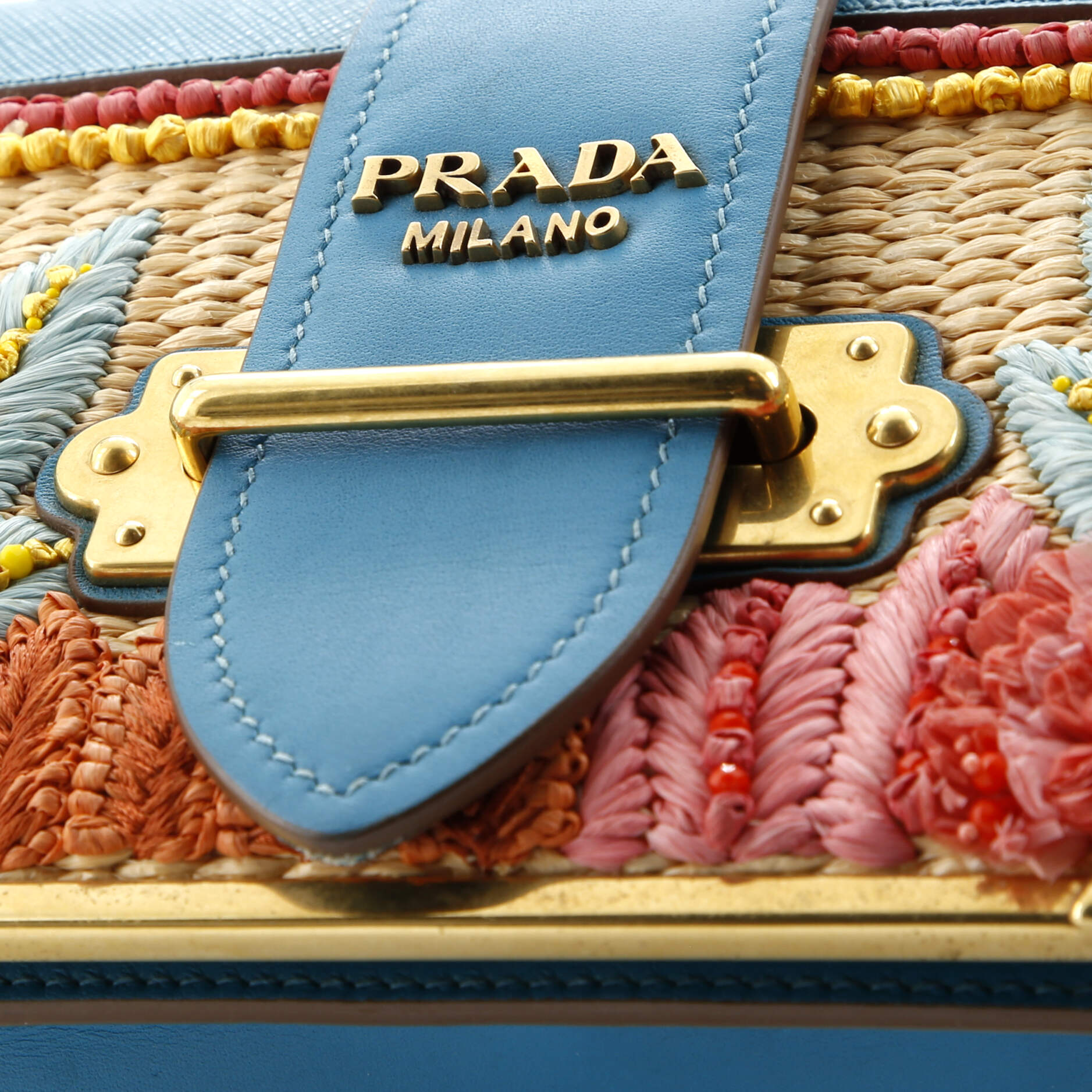 Prada Cahier Crossbody Bag Embroidered Straw with Leather Small
