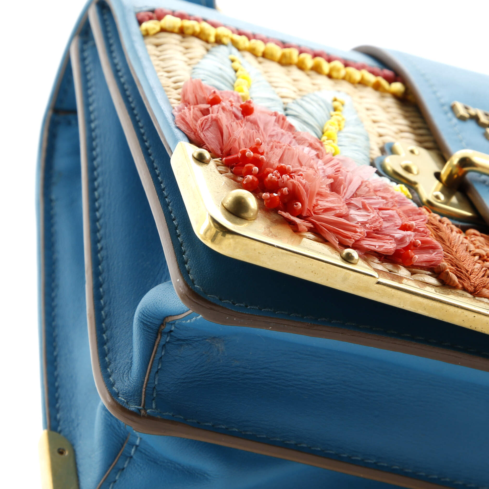 Prada Cahier Crossbody Bag Embroidered Straw with Leather Small